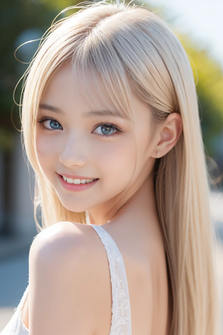 Light Smile、night、Live Shooting、(((Ultimate Beauty Portrait)))、((Glowing Skin))、1 person、Beautiful girl from Prague、Bright expression、((Platinum Blonde Hair))、[Large, bright blue eyes like jewels]、Shiny, glossy skin、Silky super long straight hair、eyeliner、Beautiful bangs、Hair between the eyes、((masterpiece、最high quality、Super detailed、Film Light、Intricate details、High resolution、Very detailed))、Detailed Background、8 KUHD、Digital SLR、Soft Light、high quality、Film Grain、Fujifilm XT3 、Shallow depth of field、Natural light、（No Hands）、Looking up、Ample Bust