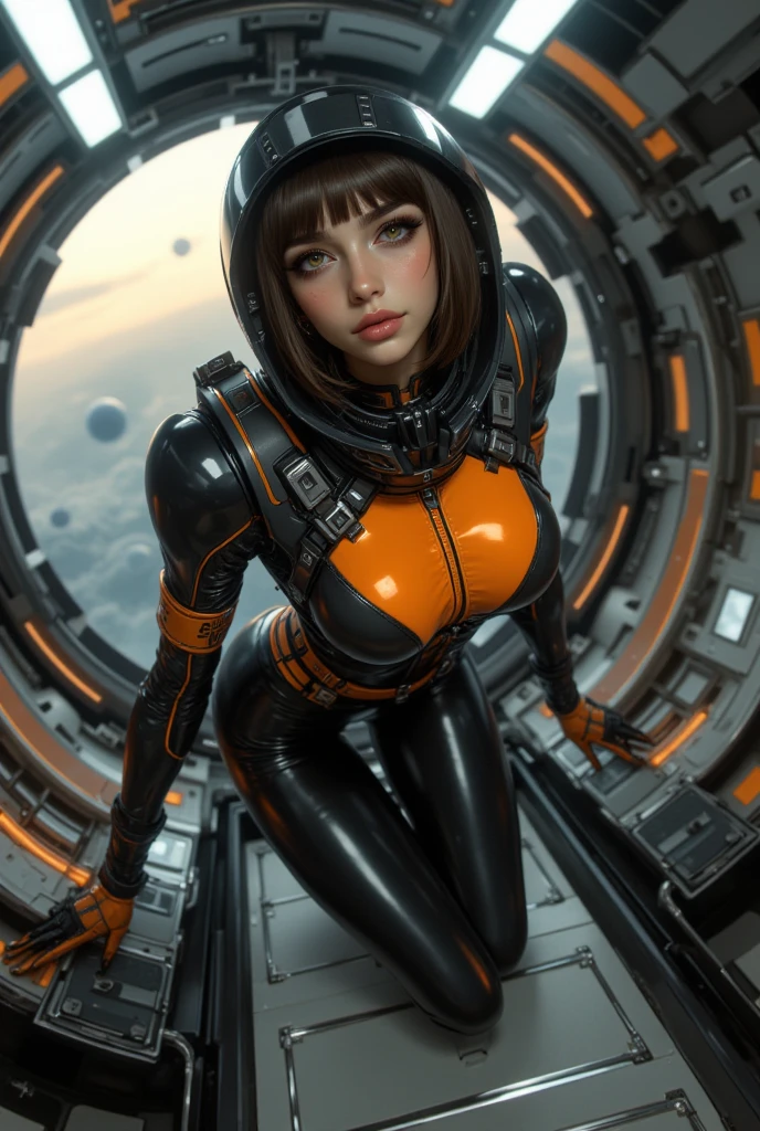 Hyper realistic photo, pretty 25 - year - old android woman, in a spaceship cockpit, with an orange pilot suit, natural pose, her head is connected to her ship by electrical wiring, very beautiful eyes, very beautiful mouth, cinematographic, dramatic, fiction, 4k, aperture, beautiful light, volumetric lighting, epic composition, detailed, masterpiece, thigh-shot