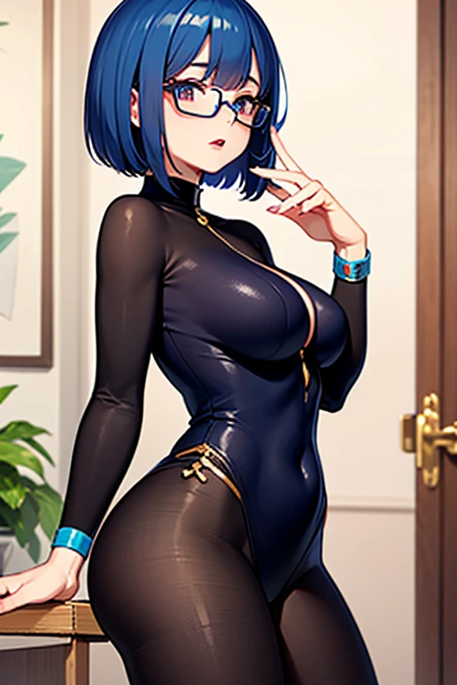 Green eyes, white skin, red lipstick, round ring earrings in each ear, long, plump. Simple background, head to waist, 8K, high definition, animated, white skin, beautiful figure, beautiful face, clean, bright, highlights in eyes, beautiful line drawing. Purple hair mixed with bangs, full steam, smiling, pout, long hair, blue hair, eye shadow, purple mesh, night cityscape in background, purple hero sunglasses, hero suit, full body tights, gold gloves, gold boots, strong aura,