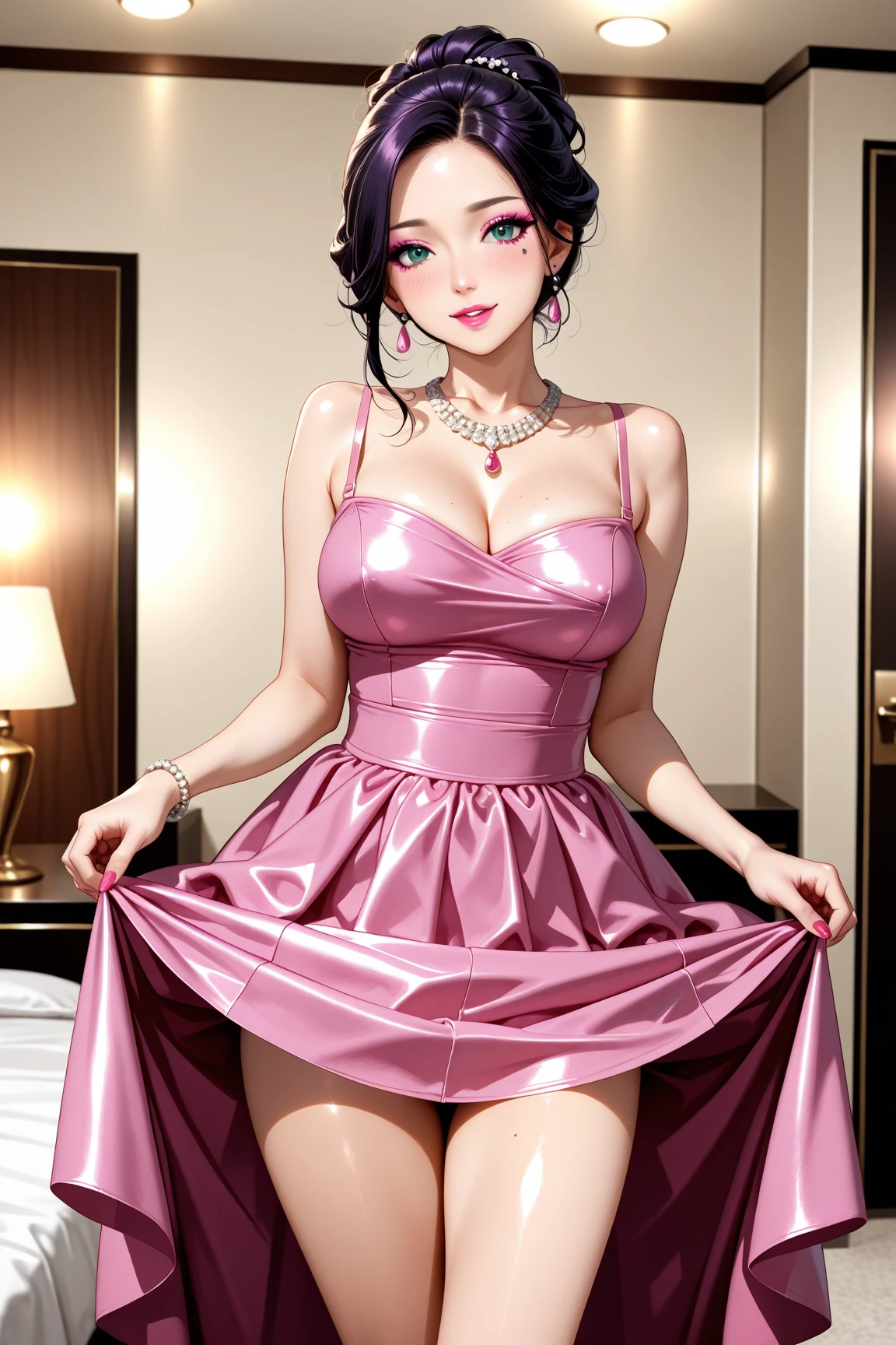 ((Highest quality, 8k, masterpiece :1.3)), (Sharp focus :1.2, Beautiful woman with perfect figure :1.4, Slim Abs), ((Big Breasts, Emphasize cleavage:1.2)), (Photorealistic:1.4), (realistic:1.4), (Pink Hair:1.5), Highly detailed face and skin texture, Fine grain, double eyelid. Makeup face, A little bit of lipstick, sex appeal, Sexy gravure pose, ((A gal wearing a pink tight dress、She has a seductive look in a luxury hotel room.。Wearing a pearl necklace and bracelet、She wears high heels that accentuate her beautiful legs.。:1.3))