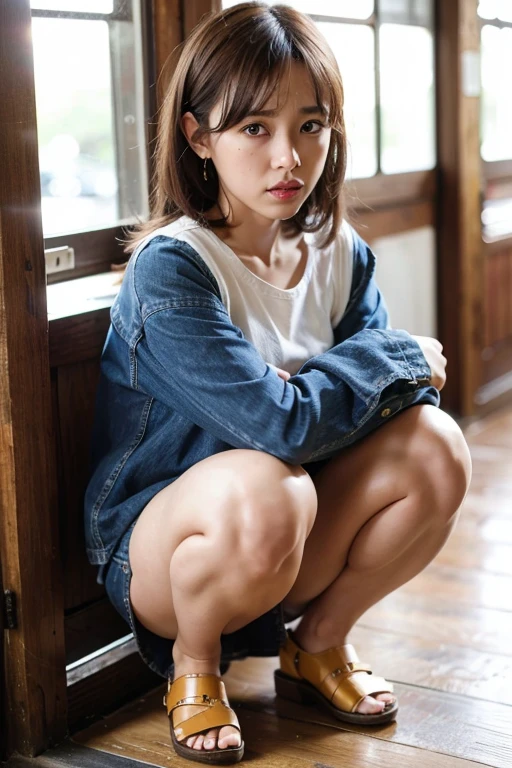 Staring at the audience、fun、Laughter、(Iris)、(((Serme))),(((Denim mini skirt)))、Pedestrian mall、((Flight jacket))、Spread across the legs、((squat、))、(((Spread your legs and show your crotch)))、