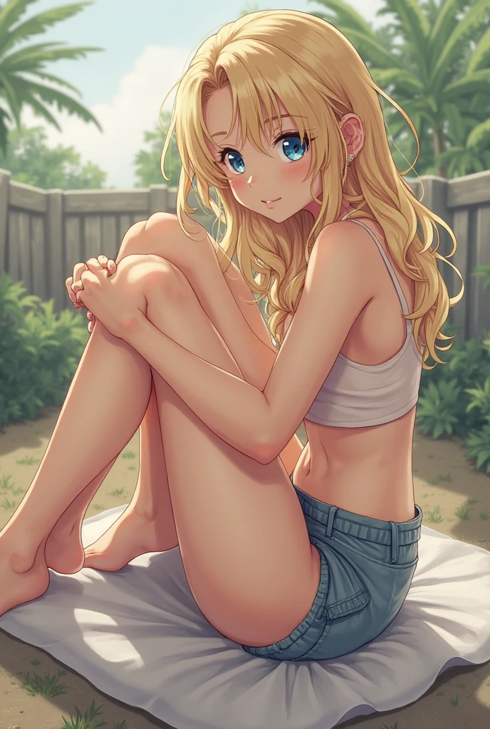 Browsing Caution (Highest quality:1.5, High resolution, 超High resolution, 4K, Detailed lighting, Shaders)(masterpiece:1.2), Very detailed, Illyasviel von Einzbern Red colored eyes alone, Cowboy Shot,Long Hair, Gray Hair, Red eyes, White tank top Denim shorts M-shaped foot sneer Beautiful beach Realistic sun rays Beautiful Armpits Sweat Outdoor