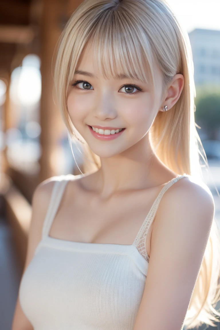Top quality, 1 beautiful woman, around 20 years old,Bun Hair, blonde hair,waitress, soft-looking chest,shy-smile, Sunlight, at street,accurate structure of the limbs