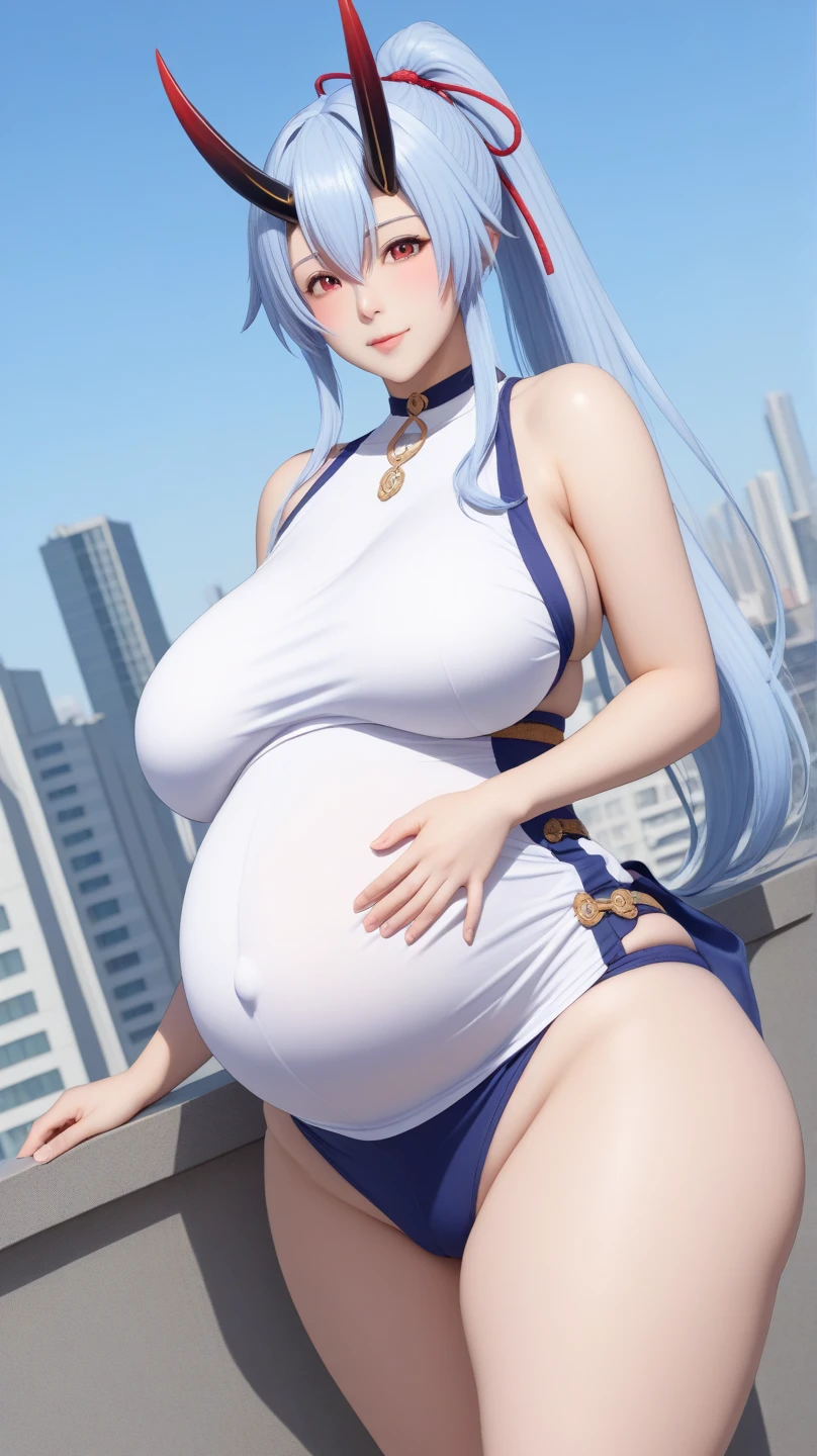 ((obra maestra)), ((mejor calidad)), ((Altas Resoluciones)), ((extremadamente detallado CG unidad 8k wallpaper))playa (playa)(ocean)bikini (bikini),(cabello gris:1.9) (híper pregnant)El cabello es de un color gris de longitud media ,Yumi Hara (Senran Kagura),(Senos grandes:1.9)(huge large pregnant :1.6)(ass)(muslos)Belly Expansion,(large Belly:1.5),belly al descubierto,has pale white skin and icy blue eyes. Her hair is a medium-length dark gray color that is slightly repressed at the back with a white bow that has blue stripes at the ends......., She wears a solid white kimono that hangs from her shoulders and exposes her chest......... The suit has a blue double-lined border with a light blue obi on the back.....,belly al descubierto,(belly al descubierto)