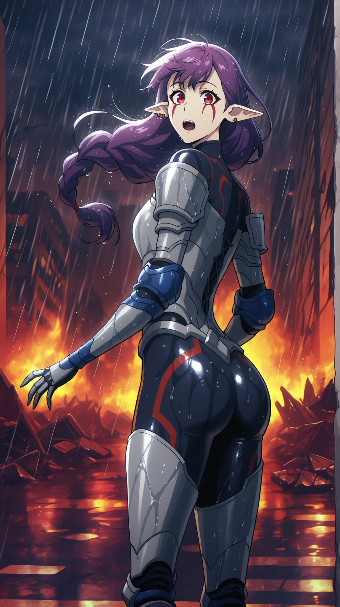 BREAK (masterpiece:1.2), best quality, high resolution, unity 8k wallpaper, (illustration:0.8), (beautiful detailed eyes:1.6), extremely detailed face, perfect lighting, extremely detailed CG, (perfect hands, perfect anatomy),ruined city, hell seting,broken buildings, rain,storm, fire,dark atmosphere,looking at viewer, single braid, long hair, floating hair,wet hair,purple hair, red eyes, facial mark, pointy ears, earrings,tight black bodysuit, red trim, buttons, grey armor, blue elbow pads, gauntlets, greaves,standing in street,wet clothes,close up photo,open mouth,excited,horny,photo from behind,showing ass,bend over.