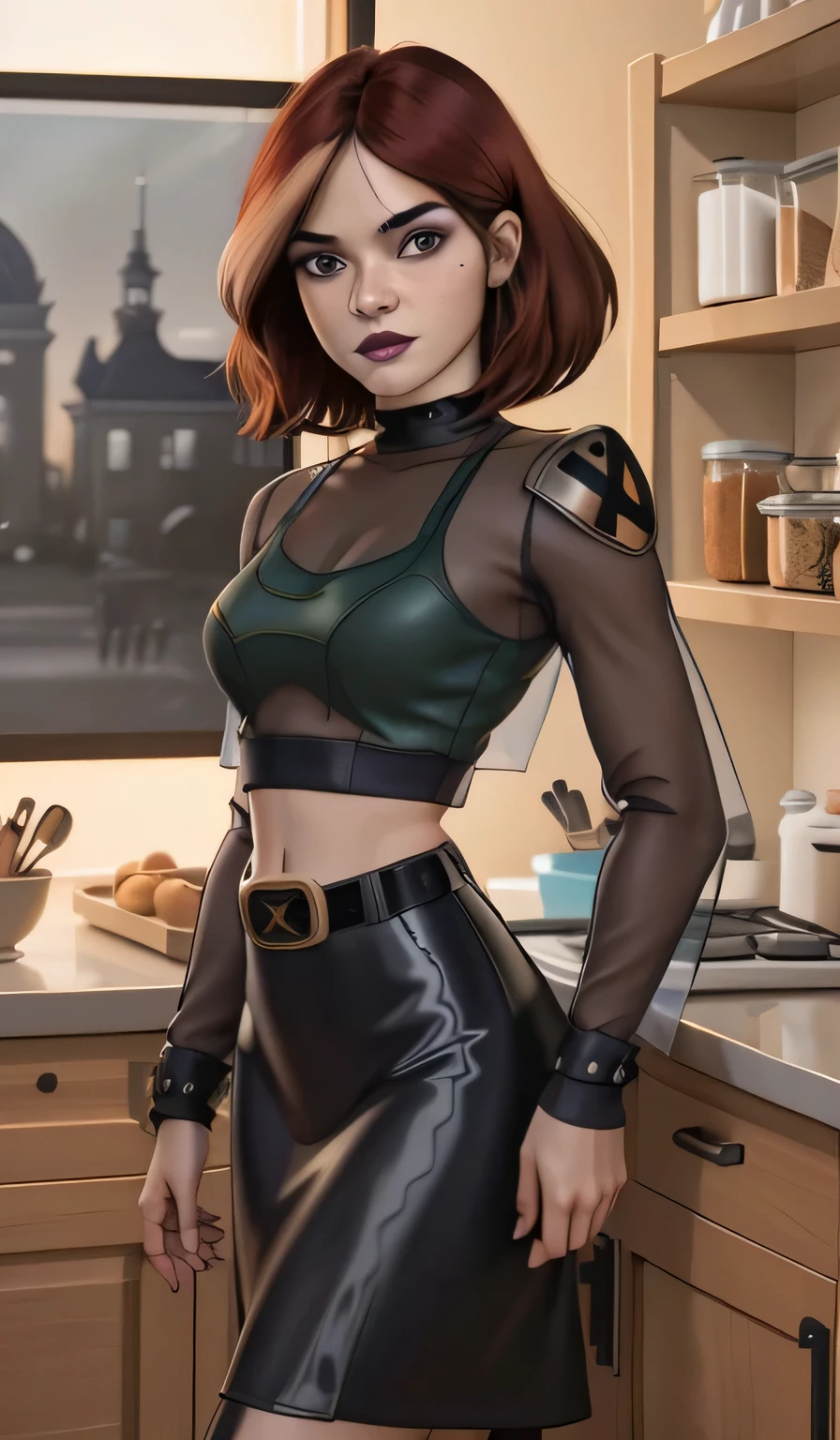 1girl in, 8, Rogue Waifu, photo of perfect woman, Rogue from X-Men, Solo, Aesthetic artwork, (cropped hair, short hair, short brown hair with white bangs), (clear skin, pale skin, medium breasts, DD-cup, runners body, very thin waist, skinny, petite, detailed skin texture), (X-Men), (wearing an opaque transparent sweater over asmall cropped black tank top, dark moody makeup, mini pencil skirt:1), (mansions kitchen, detailed pantry background:1.3), (extremely detailed 8k wallpaper), soft lighting, high quality, film grain, Fujifilm XT3 sharp focus, f 5.6, 50mm, High Detail, Sharp focus,(natural light), crazy details, complex details, hyper detailed. (cowboy photo:1.2), light particles, sfw