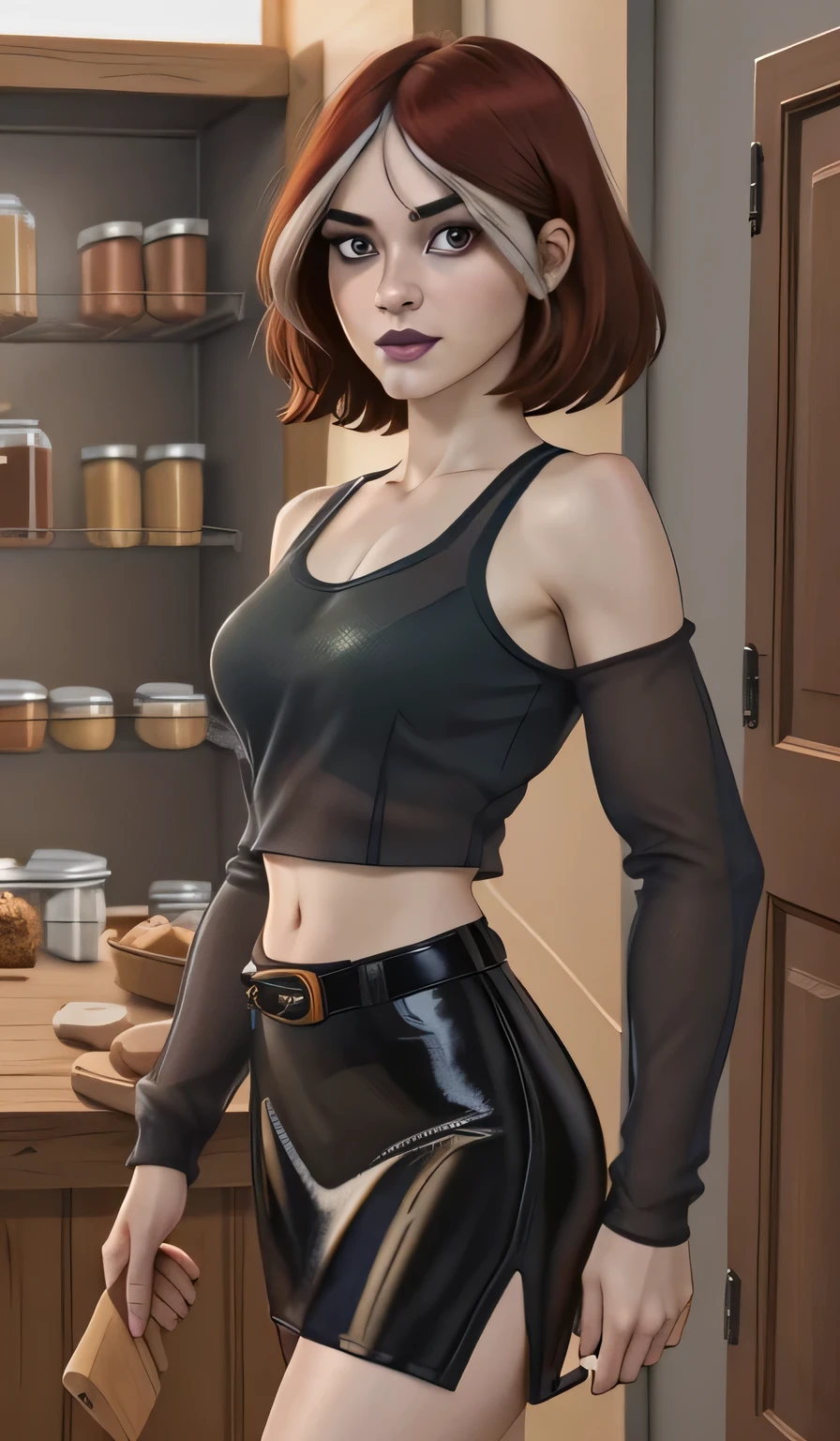 1girl in, 8, Rogue Waifu, photo of perfect woman, Rogue from X-Men, Solo, Aesthetic artwork, (cropped hair, short hair, short brown hair with white bangs), (clear skin, pale skin, medium breasts, DD-cup, runners body, very thin waist, skinny, petite, detailed skin texture), (X-Men), (wearing an opaque transparent sweater over asmall cropped black tank top, dark moody makeup, mini pencil skirt:1), (mansions kitchen, detailed pantry background:1.3), (extremely detailed 8k wallpaper), soft lighting, high quality, film grain, Fujifilm XT3 sharp focus, f 5.6, 50mm, High Detail, Sharp focus,(natural light), crazy details, complex details, hyper detailed. (cowboy photo:1.2), light particles, sfw