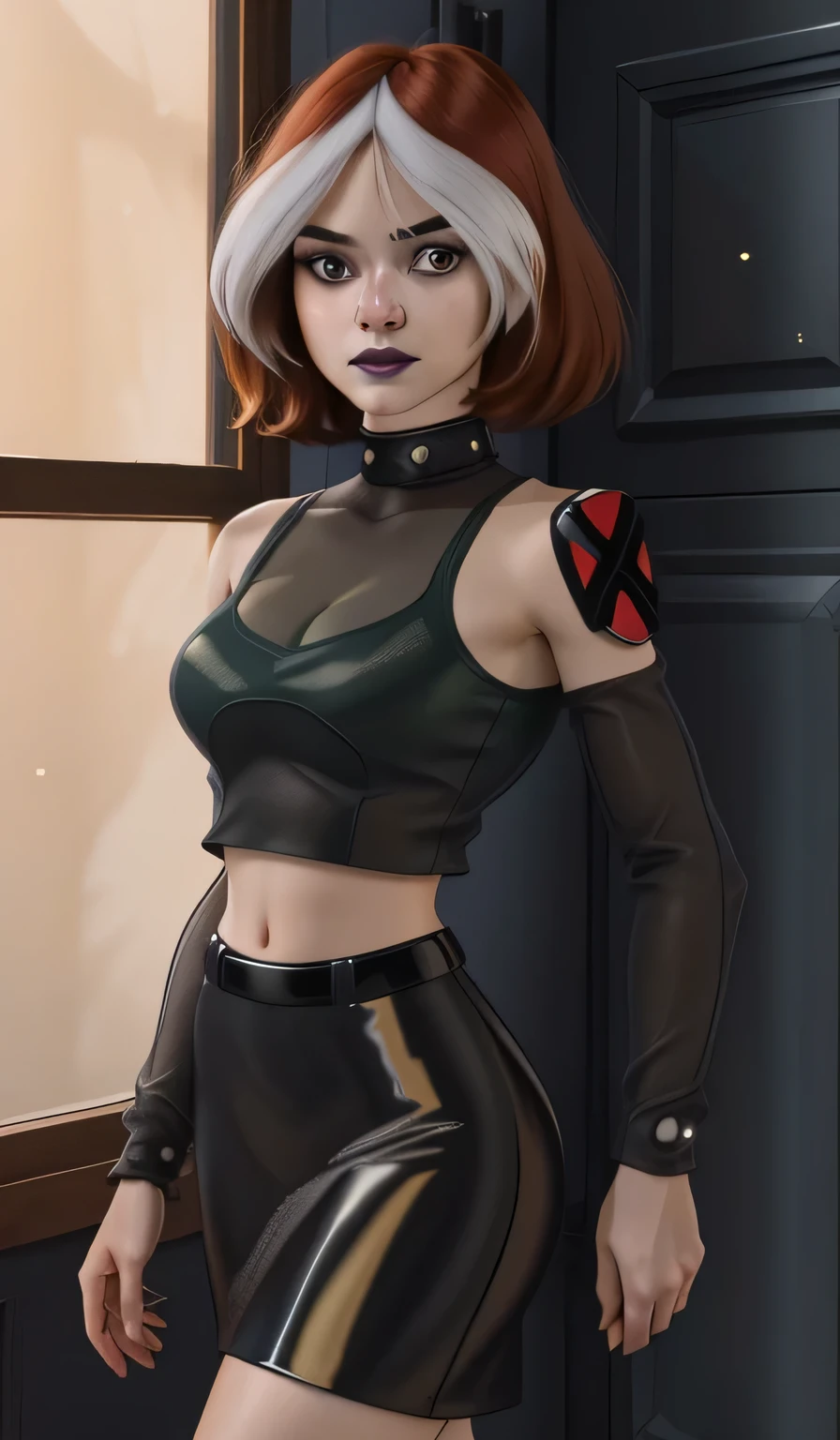 1girl in, 8, Rogue Waifu, photo of perfect woman, Rogue from X-Men, Solo, Aesthetic artwork, (cropped hair, short hair, short brown hair with white bangs), (clear skin, pale skin, medium breasts, DD-cup, runners body, very thin waist, skinny, petite, detailed skin texture), (X-Men), (wearing an opaque transparent sweater over asmall cropped black tank top, dark moody makeup, mini pencil skirt:1), (mansions kitchen, detailed pantry background:1.3), (extremely detailed 8k wallpaper), soft lighting, high quality, film grain, Fujifilm XT3 sharp focus, f 5.6, 50mm, High Detail, Sharp focus,(natural light), crazy details, complex details, hyper detailed. (cowboy photo:1.2), light particles, sfw