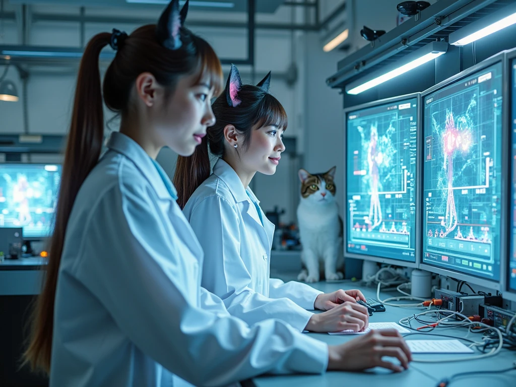 photorealism, Futuristic lab. Scientists in white coats are standing in front of holographic monitors. In the center is an experimental setup: assistant girl with cat ears, connected to devices. Cat ears move, from they go to the console. One of the scientists smiles, records data. The inscription “sound: meow~” glows on the screen. Atmosphere — scientific excitement, light comic, cyberpunk purity. A lot of glass, neon, Chromium. In the corner, a real cat is watching with interest. Light — bright, lab white.  in her mouth high detail: textures of equipment, glare lenses, ear fur