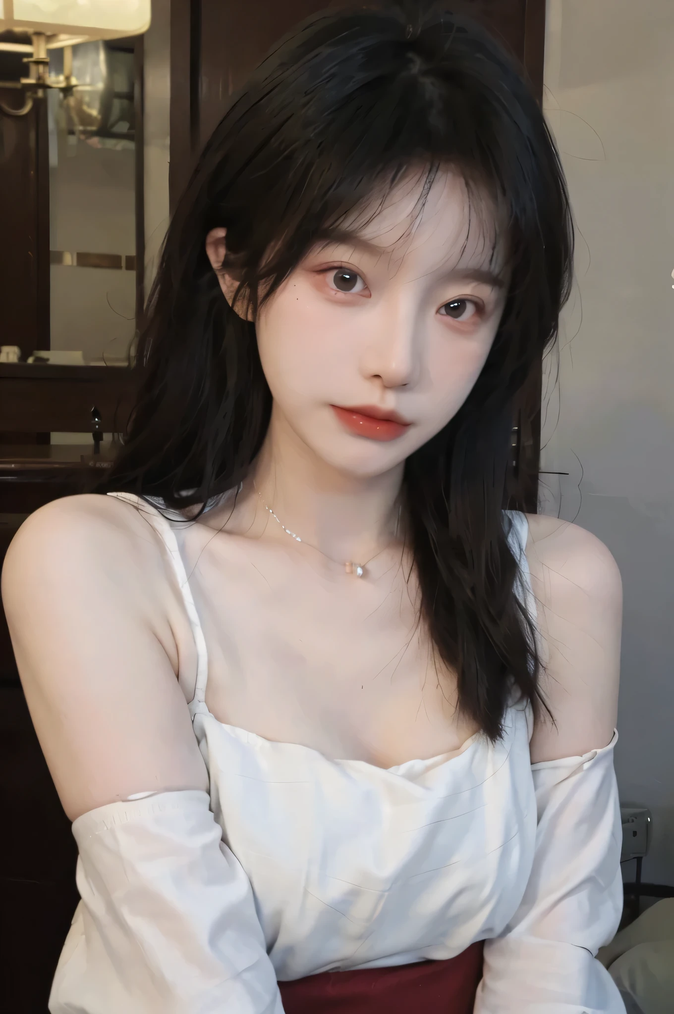 best qualtiy， Ultra-high resolution， （realisticlying：1.4），cute hairpin，1girll，Cropped black sweater ，head straight-looking at viewer，Full of atmosphere，Beautiful woman with a slim figure:1.4, abs:1.1, bathroom,Ultra-fine face，Elaborate Eyes，double eyelid，choker necklace