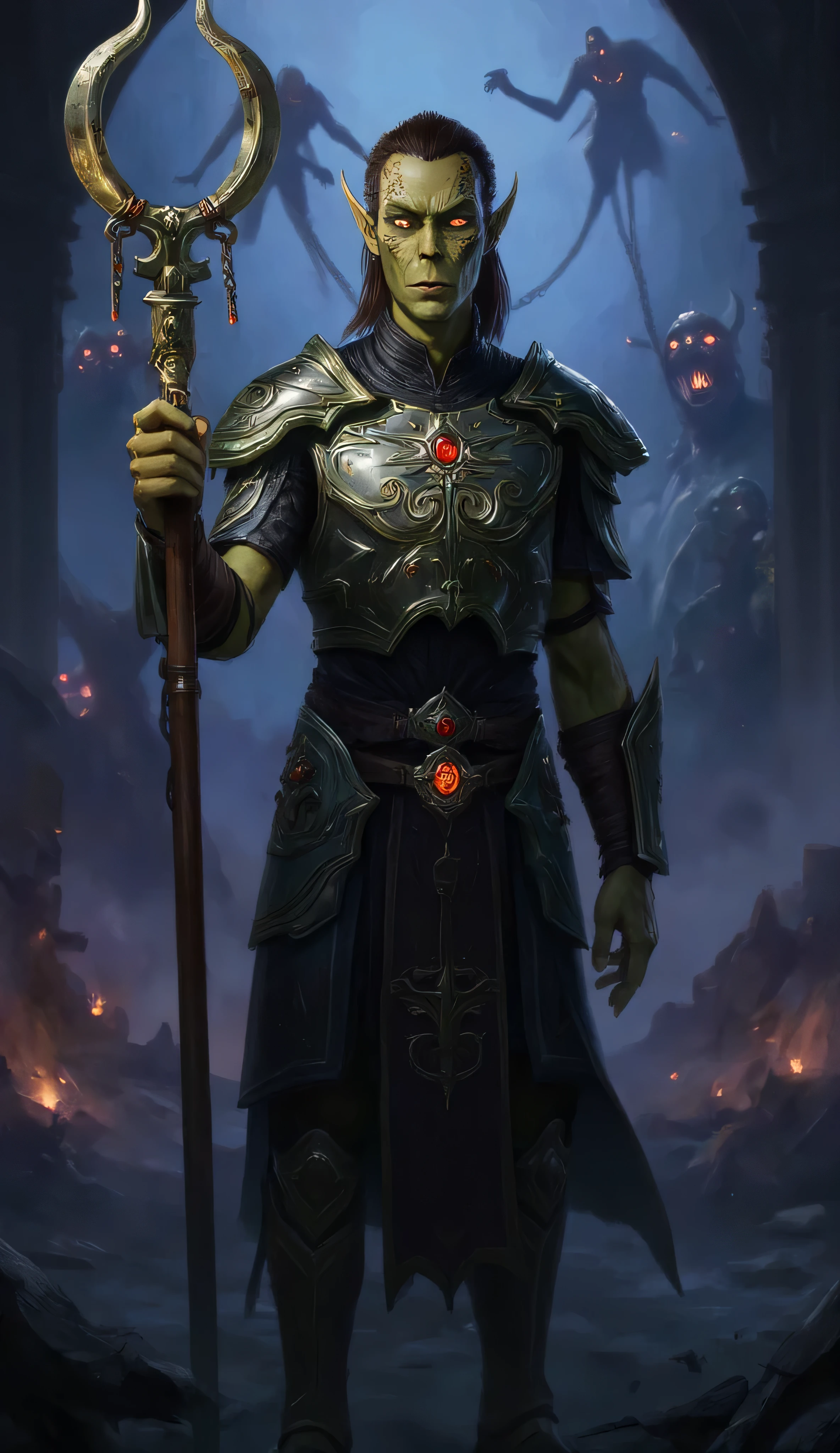 Gith, pointed ears, spots on skin, flat nose, 1male, green skin, brown hair, brown eyes, European facial features, exorcist, standing, dimly lit ancient temple, elongated gaunt facial features with yellow-green skin, sharp cheekbones, glowing eyes, ritualistic robes mixed with futuristic armor, decorated with psionic glyphs and astral symbols, one hand holds curved alien staff pulsing with light, the other raised in a warding gesture, demon spirits swirl around, screaming, bound in glowing chains, crumbling statues, floating debris, soft blue-purple aetherial mist, mysterious intense, and otherworldly mood, cinematic style, lighting dramatic shadows
