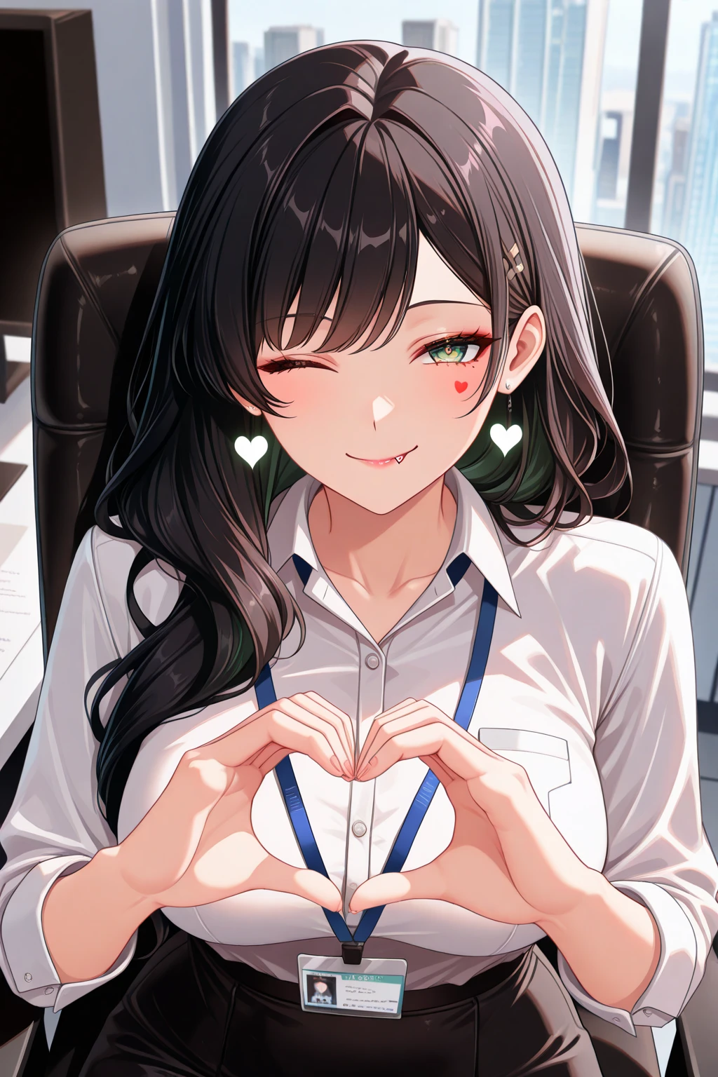 NSFW, hentai, underwear, Masterpiece, The best quality, ultra detailed, illustration, epic lighting, film-like composition, Isometric, 1girl, only, beautiful, brown eyes, black hair, swept bangs, Single side lock, red clamp, charming look, Captivating pose, inside, office, Thrudr, Opening by, looking at the viewer, peeking out of the upper part of the body, blush, seductive smile, Closed mouth,(8k:1.1),