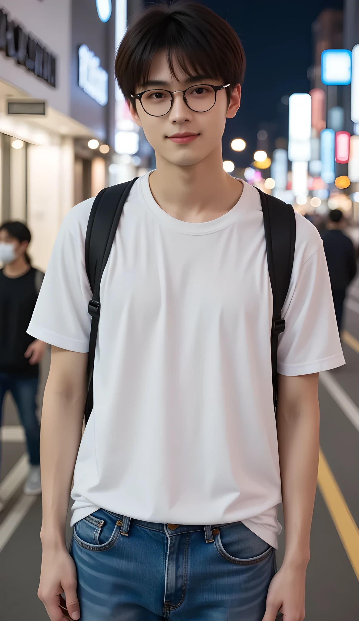  a handsome half-Korean and Japanese 25-year-old man standing in front of the camera, Smiling man, short black hair with waist, Black detailed eyes, kind smile, Sharp eyebrows, round face, nice, detailed faces with ofisu, small nose, full body pose、man wears a plain white oversized t-shirt、wearing thick blue jeans、carrying a black rucksack、Man wearing black-rimmed glasses、The background is the downtown area of Shibuya in Tokyo at night、There are passers-by around