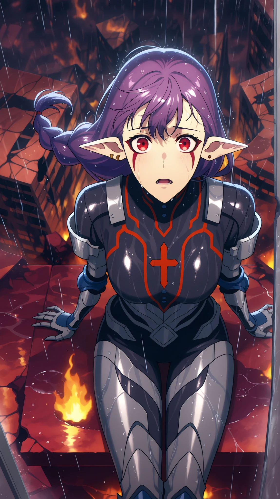 BREAK (masterpiece:1.2), best quality, high resolution, unity 8k wallpaper, (illustration:0.8), (beautiful detailed eyes:1.6), extremely detailed face, perfect lighting, extremely detailed CG, (perfect hands, perfect anatomy),ruined city, hell seting,broken buildings, rain,storm, fire,dark atmosphere,looking at viewer, single braid, long hair, floating hair,wet hair,purple hair, red eyes, facial mark, pointy ears, earrings,tight black bodysuit, red trim, buttons, grey armor, blue elbow pads, gauntlets, greaves,sitting in middle,wet clothes,close up photo,open mouth,very shy,photo from above,cross legs.