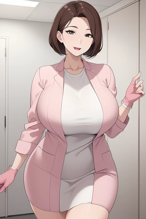 NSFW anime style image of a girl with very short brown hair and very tight pajamas standing in a bathroom with a surprised expression and has huge breasts