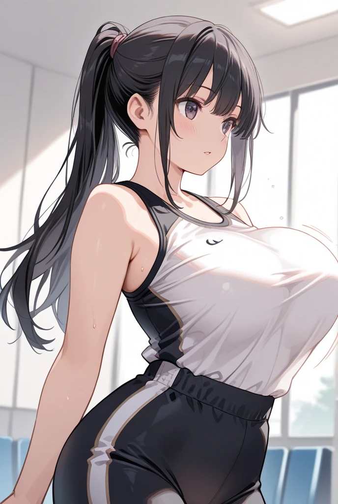 gym, workout, hot, sweating, sweaty, tan, big boobs, tan skin, flustered, blush, purple clothes, see thru, yoga pants, black hair,