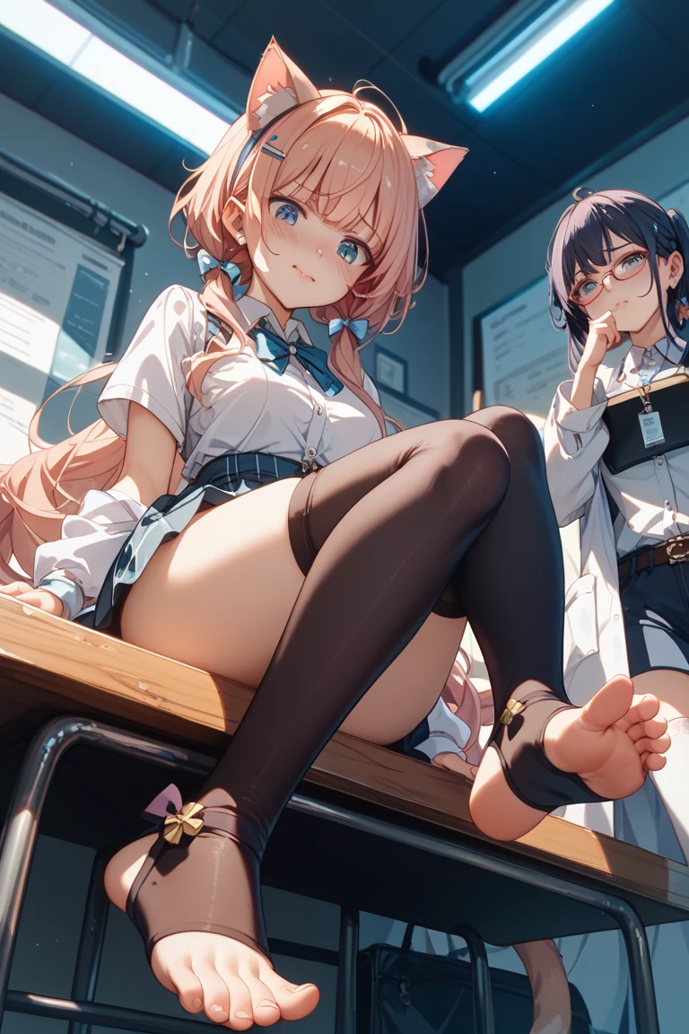 (official art、highest quality、Unity 8k wallpaper、32K、masterpiece、super detailed、超high resolution、realistic、Photoreal:1.2)、(cinematic lighting:1.2)、fire glow effect、film grain、best shadows、rim lighting、side light、(Super detailed and complex 3D rendering)、Background like Makoto Shinkai、detailed beautiful face and eyes、(Beautiful and sharp pupils)、masterpiece, high resolution、highest quality, ultla highres, maximum resolution, very detailed, professional lighting, beautiful skin, 28 year old woman、very pretty、OL、neck strap、hang your employee ID card around your neck、Name Cards、cardigan、At work in the office、desk、(((Tight Skirt、sit in a chair、deskの下で、Cross your legs、Spread your legs a little and show off your panties:1.6)))、pc、bright hair color、neat bangs、bangs、dull bangs、suit、Jacket、setup、Office Lady、((squint your eyes、close your eyes a little、squint your eyes、laugh atう、laugh at、Lower your eyebrows、contempt、Provocative attitude))、deskの下からのアングル、(((super low angle)))、(((Precise human body structure、Correct and accurate number of limbs、Correct and accurate number of fingers)))