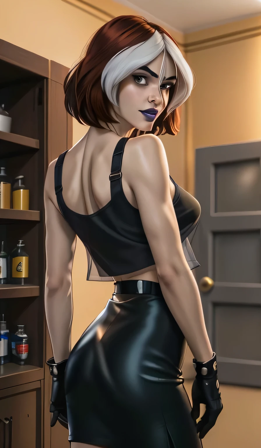 1girl in, 8, Rogue Waifu, photo of perfect woman, Rogue from X-Men, Solo, Aesthetic artwork, (cropped hair, short hair, short brown hair with white bangs), (clear skin, pale skin, medium breasts, DD-cup, runners body, very thin waist, skinny, petite, detailed skin texture), (X-Men), (she is looking away from camera, shot from behind, up skirt, focus on ass:1.2), (wearing an opaque transparent sweater over asmall cropped black tank top, dark moody makeup, mini pencil skirt:1), (mansions kitchen, detailed pantry background:1.3), (extremely detailed 8k wallpaper), soft lighting, high quality, film grain, Fujifilm XT3 sharp focus, f 5.6, 50mm, High Detail, Sharp focus,(natural light), crazy details, complex details, hyper detailed. (cowboy photo:1.2), light particles, sfw