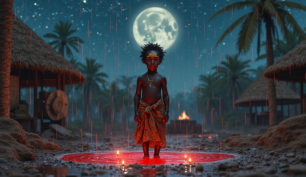 A boy in Indian clothes, roupas cor vermelha, cor de Pele preta, menino negro, indigenous boy, pulando arbustos  no meio da floresta, a noite, ele esta correndo na mata, roupa africano vermelha, menino africano, esta de noite, moon in the sky 