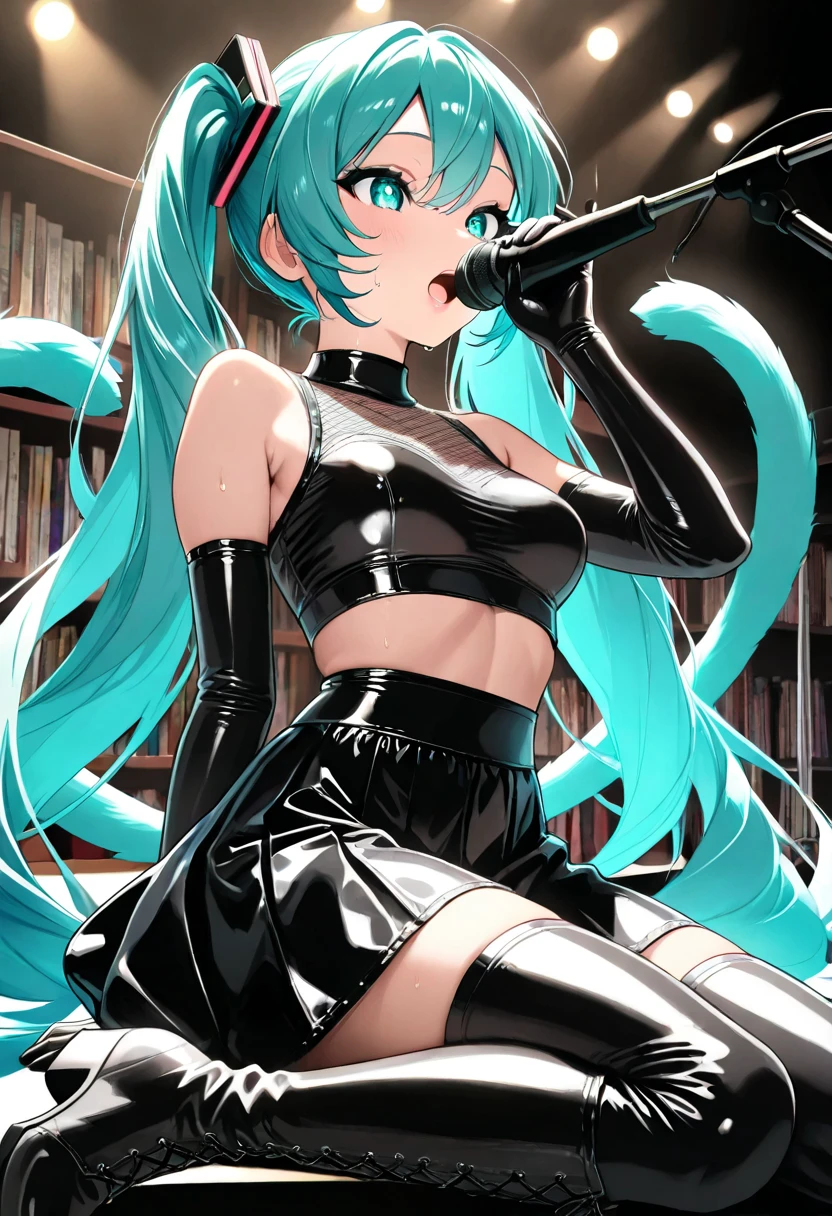 Girl singing on stage, In a short skirt, pop art, idol, idol, Miku Hatsan's Vocaloid, Miku Hatsune, wide hips, Clothes crash into the body, big breastes, outstanding , large nippel