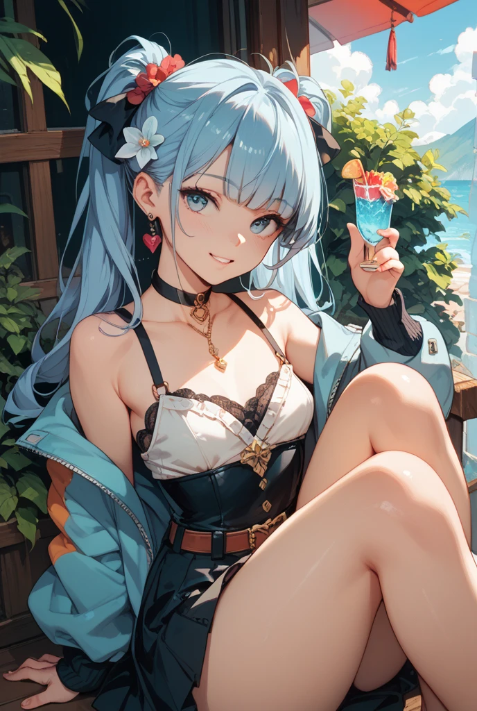 (((masterpiece))), (((Highest quality))), ((Very detailed)), ((Very detailedなイラスト)), ((Ultra-fine painting)), (16K Highest quality wallpaper:1.4), (Detailed and elaborate illustration style,:1.8) Detailed skin texture, High quality fabric, , (T-masterpiece), (Very detailedな顔:1.4), original, RAW Photos, Professional, Intricate details, Very detailed, Direct sunlight:1.6, ,(Cowboy Shot:1.9)、(Perfect Anatomy:1.4), (Extremely elaborate hands:1.2), (Very elaborate fingers:1.2), (Very elaborate fingers先:1.2),, (alone:1.6), (beautiful and adorable cat ears:1.6), (Intricate and delicate white cat ears:1.5), (beautiful, Shiny white hair:1.6), (Very fine and delicate white hair:1.4),, (Very detailedな顔:1.4),(Light purple eyes:1.6),(smile:1.4),(ponytail:1.7),(wariza:1.9),//Character
1girl,
BREAK
//Fashions 
Tropical Paradise Decollete See-Through Tunic Setup,
Top, A vibrant, sheer tunic in tropical floral print with plunging decollete neckline, lightweight fabric and breezy, perfect for beach or resort setting,
Undergarment, bright, coordinating bikini top in solid color, one of floral print hues,
Bottom, High-waisted bikini bottoms in color to top, cohesive and vibrant look,
tunic features short, flutter sleeves, tie-front closure at neckline, adjustable coverage, relaxed fit, hemline is asymmetrical, shorter front, longer back, flattering silhouette,
BREAK
Accessories, Tropical-inspired accessories wide-brimmed straw hat, colorful beaded bracelets, oversized sunglasses,
Footwear, Simple, flat sandals or espadrilles in neutral tone, Hair styled in loose, beachy waves or messy bun, Makeup is natural and fresh, focus on bronzed skin, hint of highlighter, coral or pink lip gloss,
BREAK