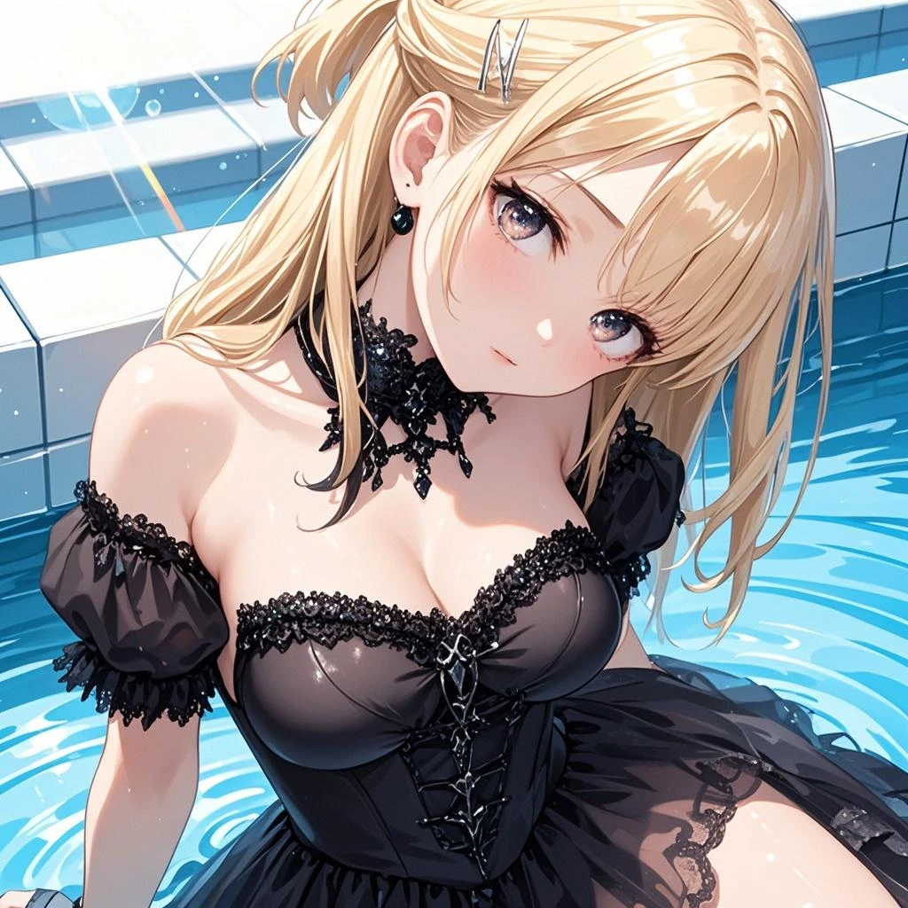 (Biologically correct limb count)、(Full body, including face)、4K、masterpiece、Focus on the face、Well-proportioned facial features、Delicate descriptive eyes、Beautiful woman、Excellent style、(head band、red gothic dress、High heels)、(smile)、(Close-up photo of the upper body)、look up、Photos with white borders、Looking into the camera、Standing on the surface of the water、
