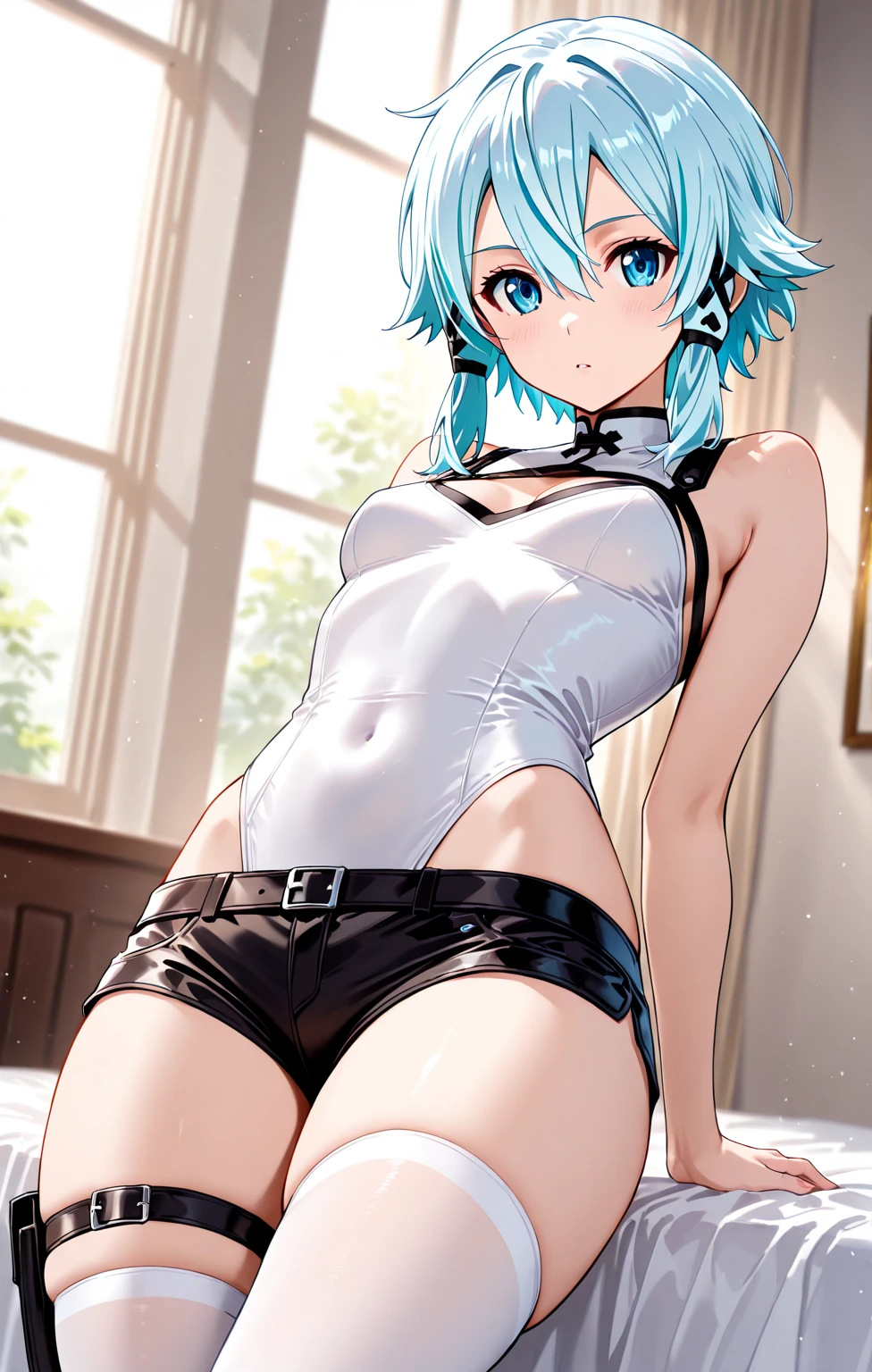 masterpiece, best quality, extremely detailed, detailed background, 1girl, cute, small breasts, green hair, short hair, blue eyes, (white swimsuit:1.2), locker room, seductive eyes, seductive smile, seductive pose, looking at viewer, wet, wet clothes, smiling, red mecha headgear