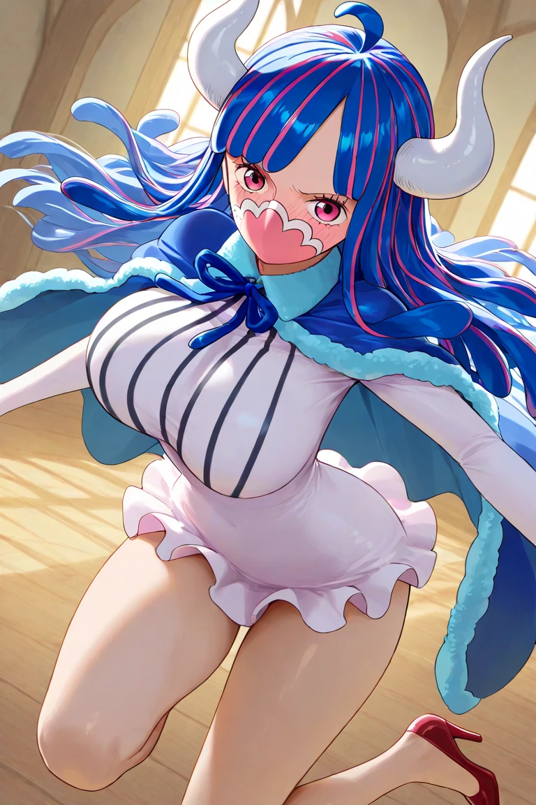 (masterpiece, best quality:1.4), cinematic light, colorful, high contrast, (1girl), UltiOP, onepieceanime, ((large breasts)), multicolored hair, long hair, blue hair, pink hair, bangs, horns, blush, house, bed, armpits, night, blue bikini