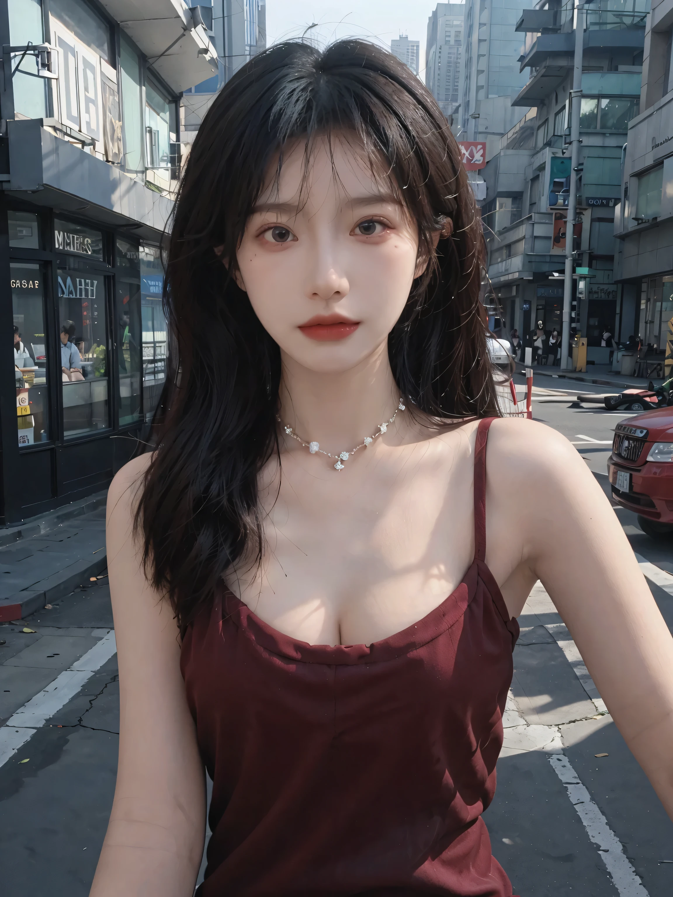 Film Portrait Photography, 2 girls, Bare shoulders,Lipstick,(flat chest:1.4), Wear a necklace,Cute expressions,Exquisite makeup,Red suspenders,serene, calm, (Realistic and detailed eyes, Natural skin texture, Realistic facial details), Large Breasts:1.6,Large Breasts,Soft dramatic lighting, Depth of Field, Bokeh, Vivid details, Detailed and detailed, Surreal, 35 mm film, hazy, ,