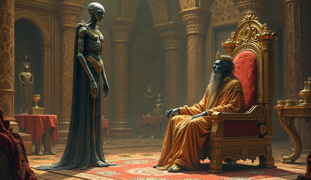 A jinn is standing is the front of the old age Muslim king ,the king is sitting on his chair 