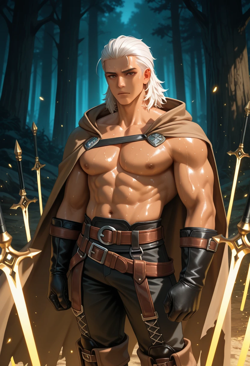 Mountain thief, There are scars on the face, Shirtless, Dressed in leather, Carrying a large knife on his back, Headband headband, leather shoes, Green cape, The moon is dark and windy, There is a moon in the sky, blonde hair, hairband, glaring, earrings, grin, rococo style, Fauvism, chiaroscuro, ray tracing, UHD