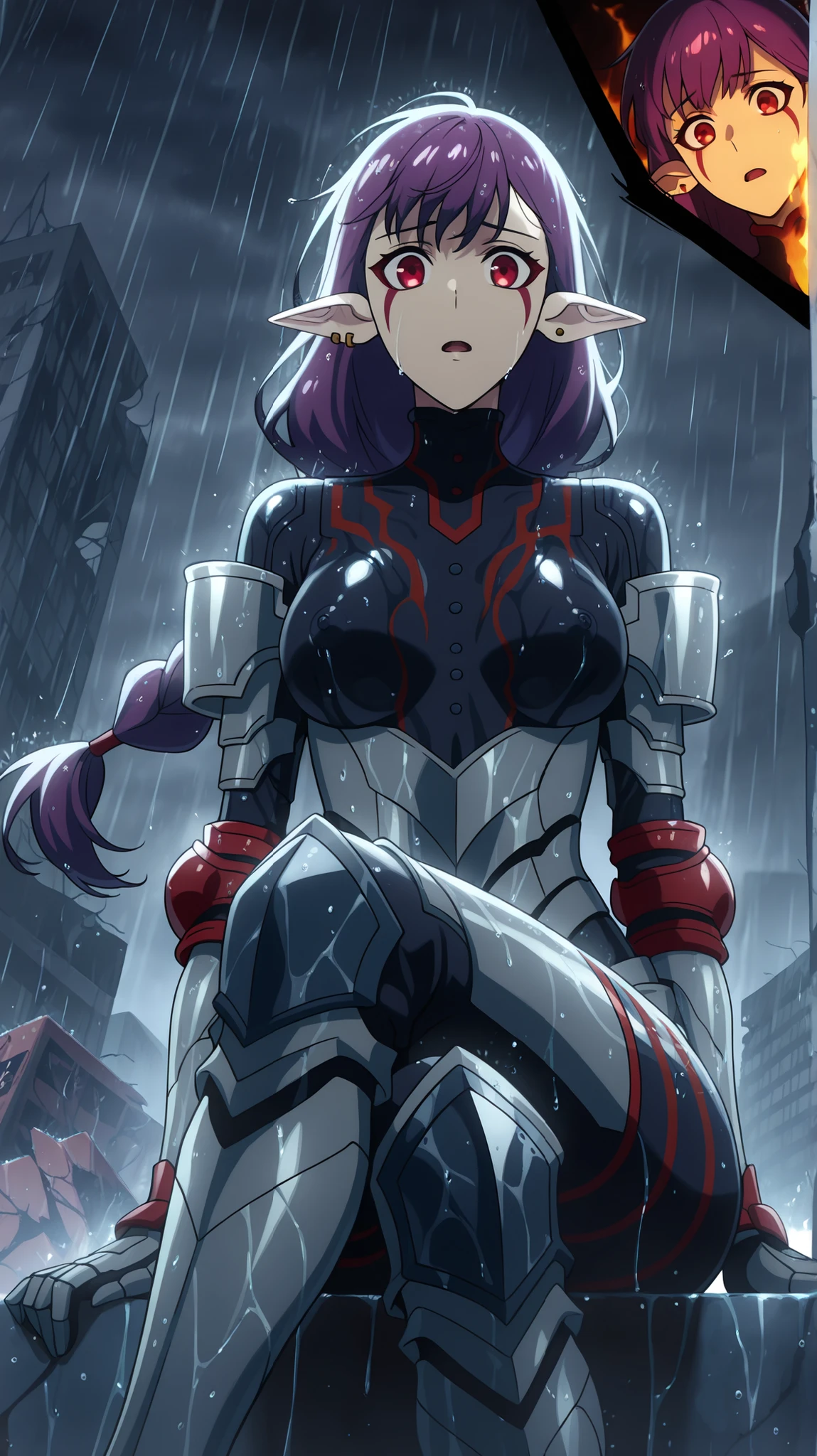 BREAK (masterpiece:1.2), best quality, high resolution, unity 8k wallpaper, (illustration:0.8), (beautiful detailed eyes:1.6), extremely detailed face, perfect lighting, extremely detailed CG, (perfect hands, perfect anatomy),ruined city, hell seting,broken buildings, rain,storm, fire,dark atmosphere,looking at viewer, single braid, long hair, floating hair,wet hair,purple hair, red eyes, facial mark, pointy ears, earrings,tight black bodysuit, red trim, buttons, grey armor, blue elbow pads, gauntlets, greaves,sitting in middle,wet clothes,close up photo,open mouth,very shy,photo from below,cross legs,nipples.