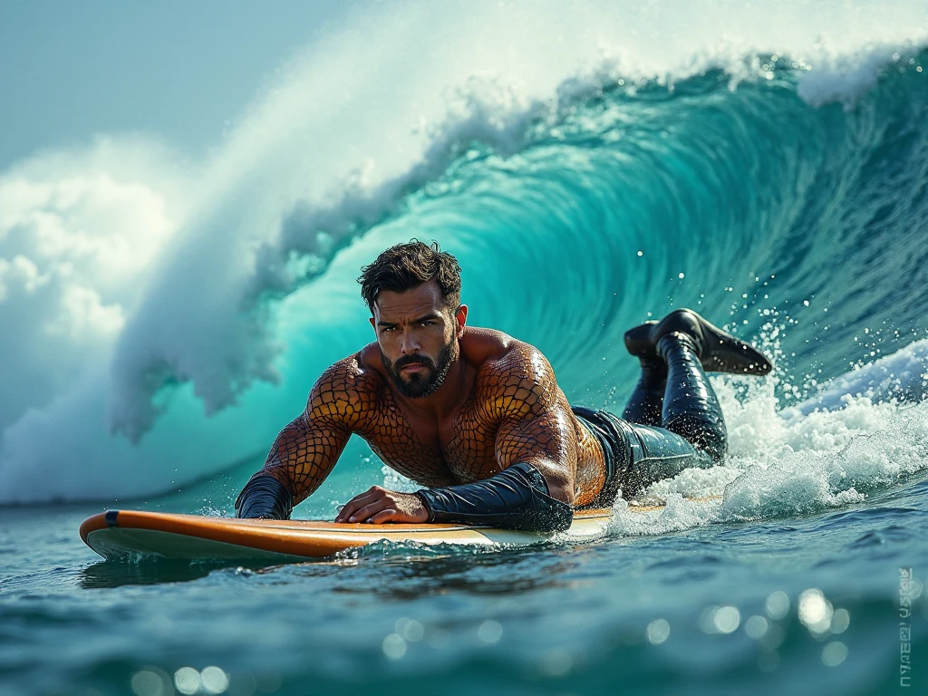 Jesus Cristo surfando (homem), surfista, uma pessoa, tatuagem tribal no peitoral, tribal tattoo on the left arm, em cima de uma prancha de surf, surfando, no mar, em cima de uma onda do mar, realista, super realista, no mar, capturada em uma Cannon 9:16, alta resolução