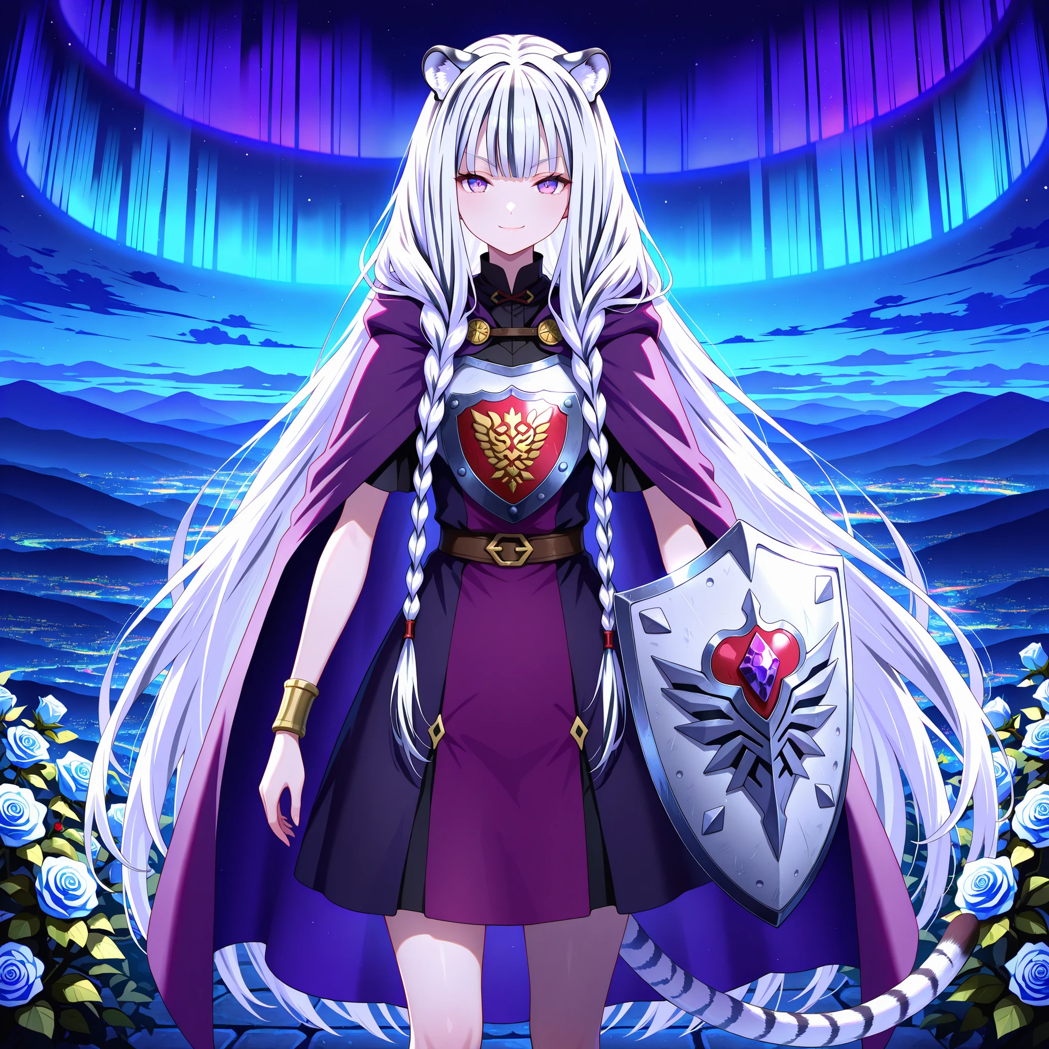 8k, absurdres, detailed, best quality, masterpiece, best illustration, best lighting, 1girl, solo, very long hair , white hair, black hair, colorful hair , white tiger ears, white tiger tail , open eyes purple eyes, Looking at the viewer , crazed look, smirk, Night landscape, addressing the viewer , dark Aurora borealis, standing, purple dress , black dress, colorful dress , right wrist shield , metal bib , purple cloak, white fur on cape , metal shield , heavy armor , women's armor, heart shaped shield , roses on shield , Purple Crystal, low twin braids, Sacred Shield, White Shield,