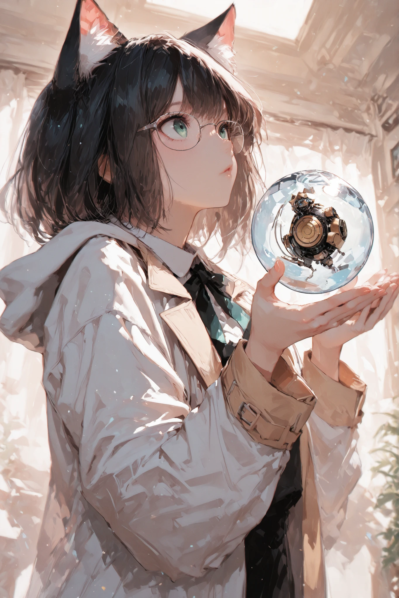 graduate School,experiment,Cat Ears,Cat Earsのがexperimentしている,white long coat,glasses,Transparent capsule,There is a mechanical cat floating inside the capsule,the background is softly illuminated , just has a spiritual atmosphere,,, (masterpiece, 最High Quality, High Quality, Detailed Background, complicated details,complicated,super high resolution, very aesthetic,Newest:1.2)