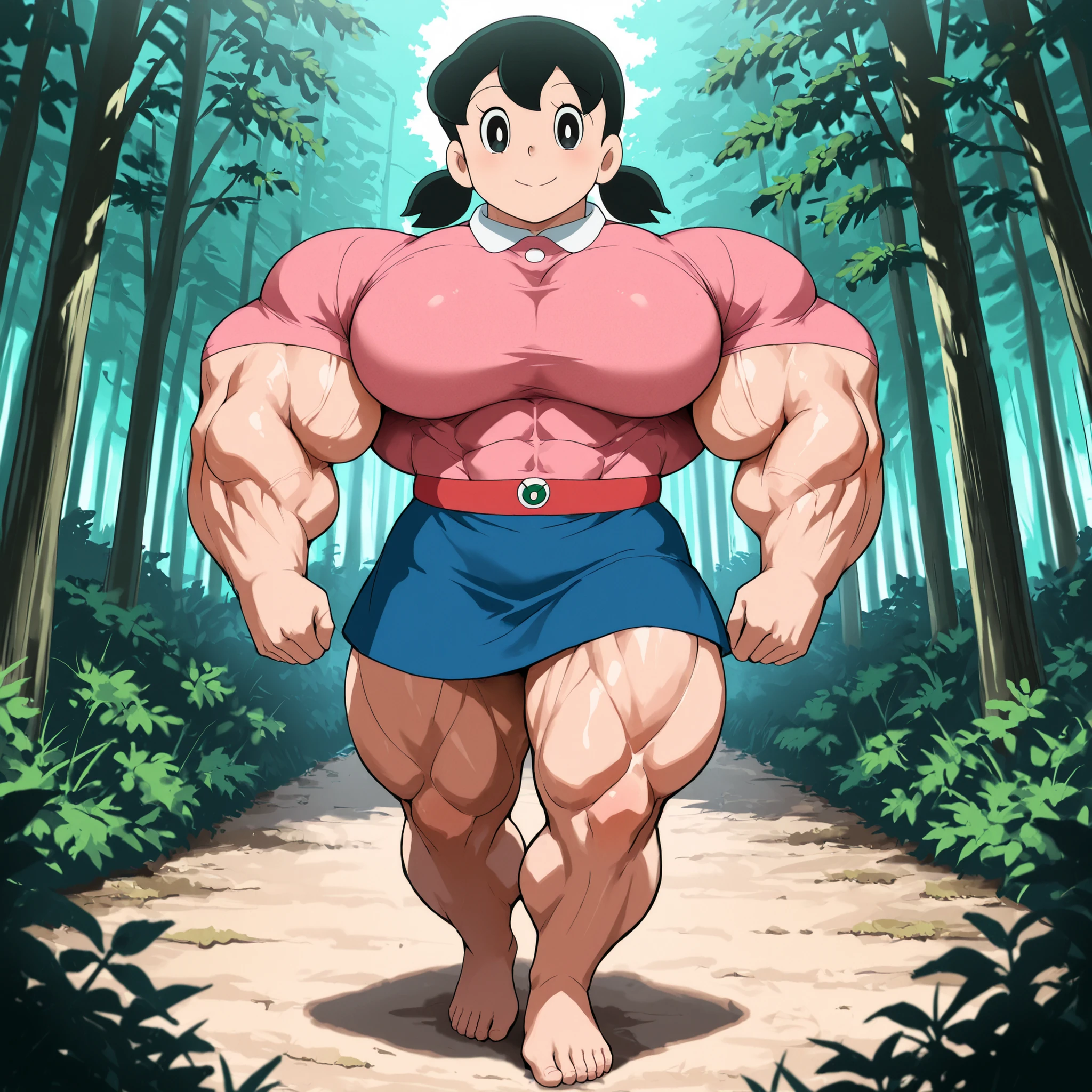 score_9, source_anime, rating_safe BREAK 1girl, solo, minamoto shizuka \(doraemon\), black hair, low twintails , short twintails, black eyes, smile, white solo, High angle shot, long Shot, looking at viewer, eye level shot, big pec's, over-sized breast ,pink shirt and blue skirt, white coller, bare foot, upper body shot, long shot, tight abs, big shoulder's ,Big leg's, Thick muscle thigh, calvs, detailed muscle's, detailed muscle's, lat spread, big bicep's, full body, forest , masterpiece, TOP QUALITY, amazing image quality'