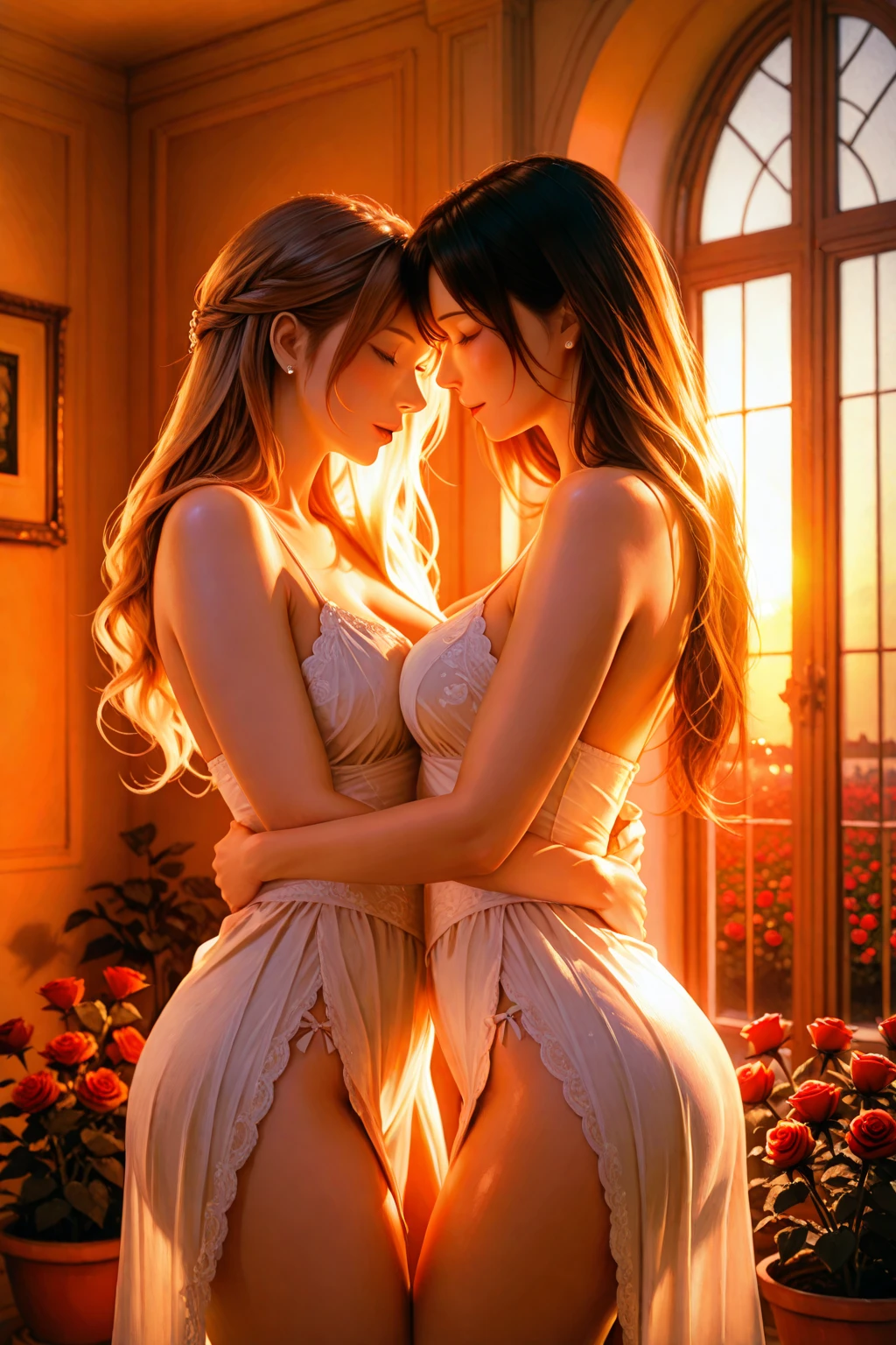 (realistic photo:1.37), Beautiful face profile, Summer sea evening sunset, The sunset is reflected on the sea surface, (Dazzling sunset:1.4, beautiful evening sunset:1.3), 2 womans on the beach, Two beautiful women are about to hug each other's waists and kiss, (Lens Ghosting:1.5, lens flare:1.2, Diamond-shaped lens ghost), (String of saliva:1.2), sensual, (Silky platinum blonde Hair:1.2), (The other one woman ultra Shiny straight black hair:1.3), ((Natural backlighting:1.4)), detalhes faciais, ((one girl wears mini skirt and sheer white Summer clothes, The other woman wears a sheer tulle skirt and Sheer tops)), (medium breasts:0.9), (blushing and making a kissy face:1.2), ((full body view:1.2)), very beautiful face, A well-balanced face profile, blonde girl and Black Hair girl, erotic a look, Highly detailed face, Slightly slimmer body, Realistic Skin,
BREAK. masterpiece, ultra high resolution, high definition RAW photograph, Highly detailed CG, best quality, 4K, perfect anatomy, perfect proportions, Slightly open shirt, Romantic Landscape, Sparkling sea, Accurate limbs, Back blur, pale blue eyes, Hand details, finger details, erotic body,