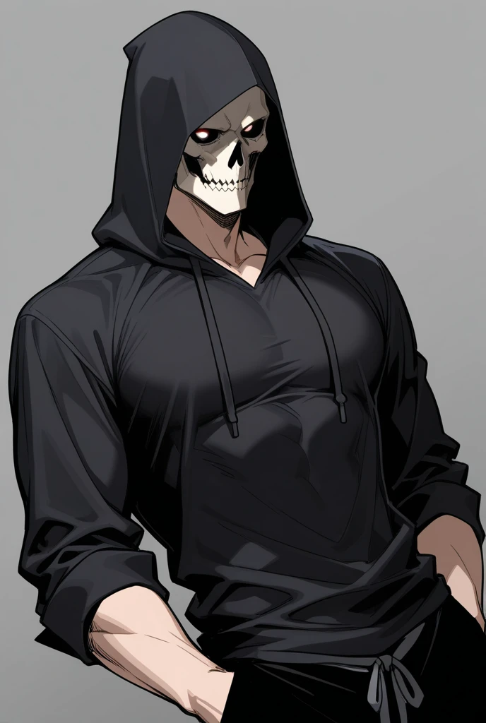 man wearing a black shirt and a black skull mask
