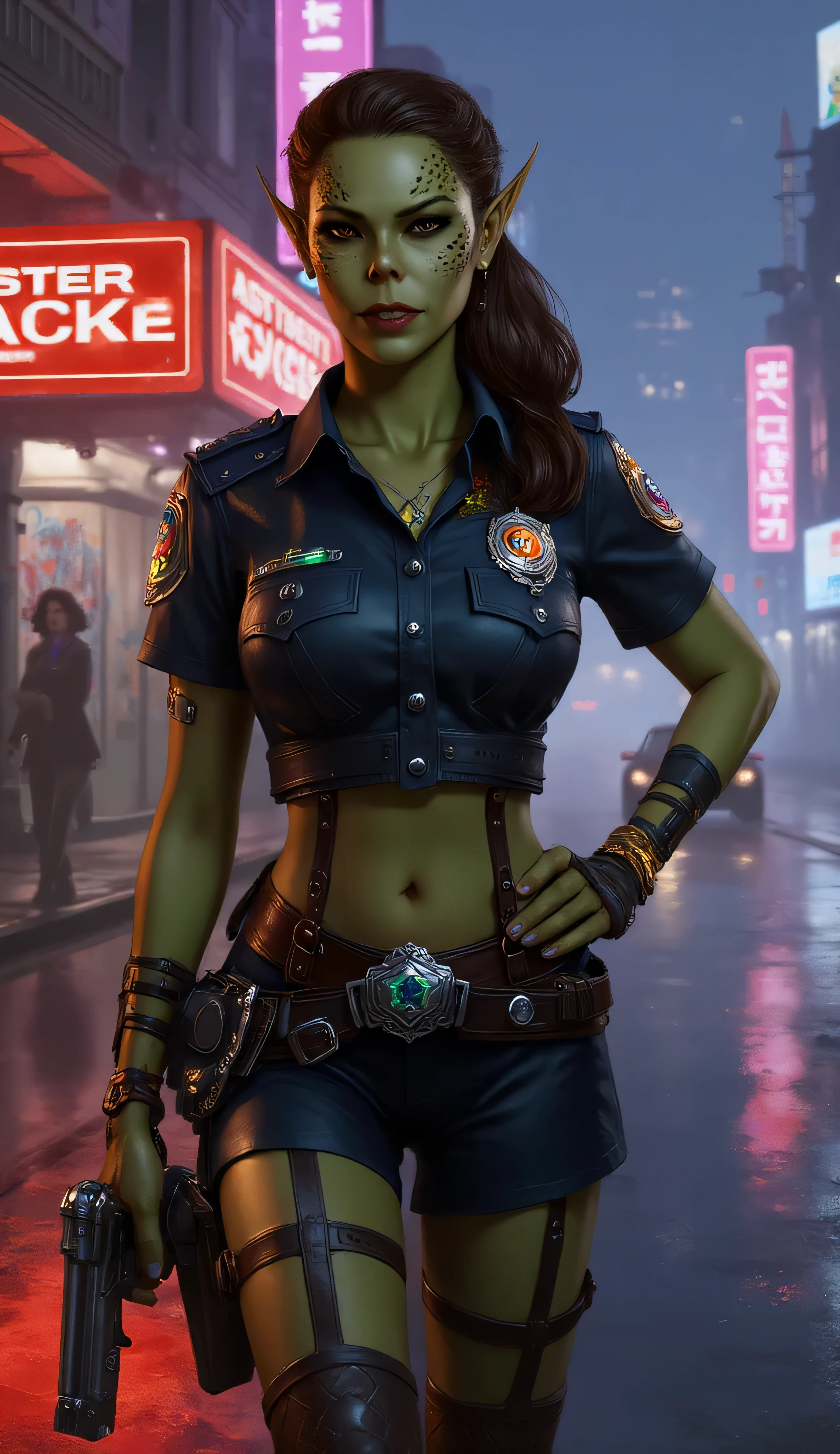 Gith, pointed ears, spots on skin, flat nose, 1female, green skin, brown hair, brown eyes, European facial features, seductive police officer, neon-lit cyberpunk city, sharp facial features, pale green skin, glowing eyes, high cheekbones, police uniform, blouse, mini skirt, cyber-leather elements, armored corset, high-tech thigh straps, glowing utility belts, holographic badge, high-thigh boots, holds a plasma handgun at her hip, psionic glowing on her gloves and arms, neon signs reflect off rain-slick streets behind, flying cars, digital graffiti, distant towers fading into the smog, confident dangerous and alluring expression, fluxpunk style, neon lighting, rimlight