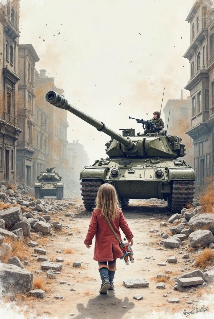 A girl of about 5 years old with unkempt black hair.、The girl is blocking the advance of the large panzer that has come from the back of the screen by spreading her arms and legs. This is a painting.、A large black panzer in the background、The sinister red and black colour of the sky、Deep contrast、The smallest white flower in the foreground、It seems that the girl is standing in the way so that the panzer doesn't crush the small flower、intricate and intense Oil paints, Abstract Painting, intricate Oil paintsing artwork, Vadim Kashin、Realistic, gives the viewer a detailed impact, a portrait painted with oil paint, , intricate and wet Oil paints, Oil paints, New art beyond dimensions, Only the back view, Ryan Hewett、bichu、oil paintin、A three-dimensional painting、super masterpiece、Ultra high definition、vivid colors、