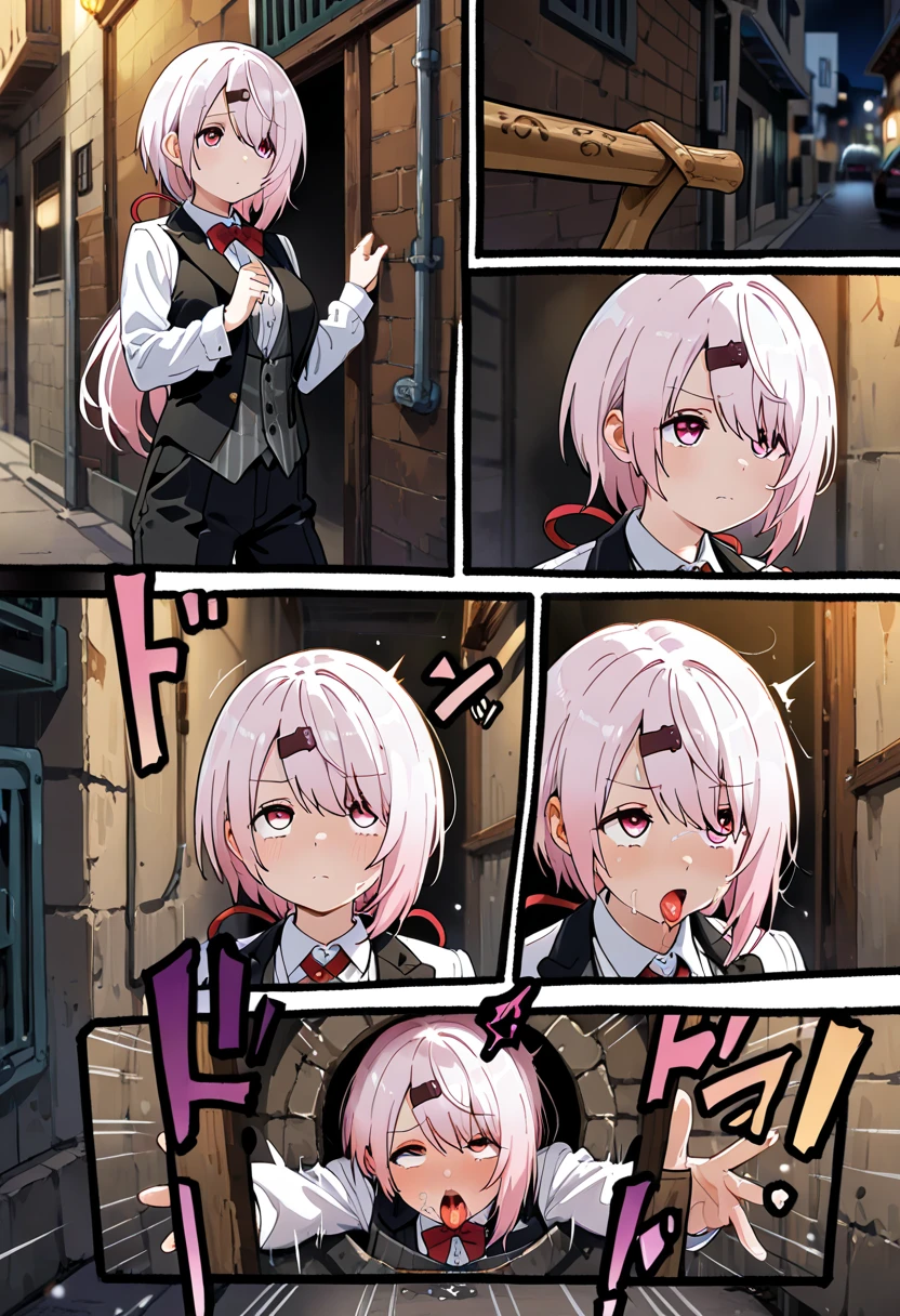 chisato nishikigi, short hair, bangs, blonde hair, hair ribbon, one side up, bob cut, best quality, (8k), (4k),(Masterpiece), (Best Quality), extremely detailed, intricate, hyper detailed, (perfect face), illustration, perfect_eyes, (1girl), bishoujo, (portrait), indoors, (pov:1.2), student, (school ,courtyard,outside,night):1.3,(black latex sailor dress), (standing),leaning forward,(kiss,kissing viewer):1.3,blush,closed eyes, looking at viewer,upper body focus, 