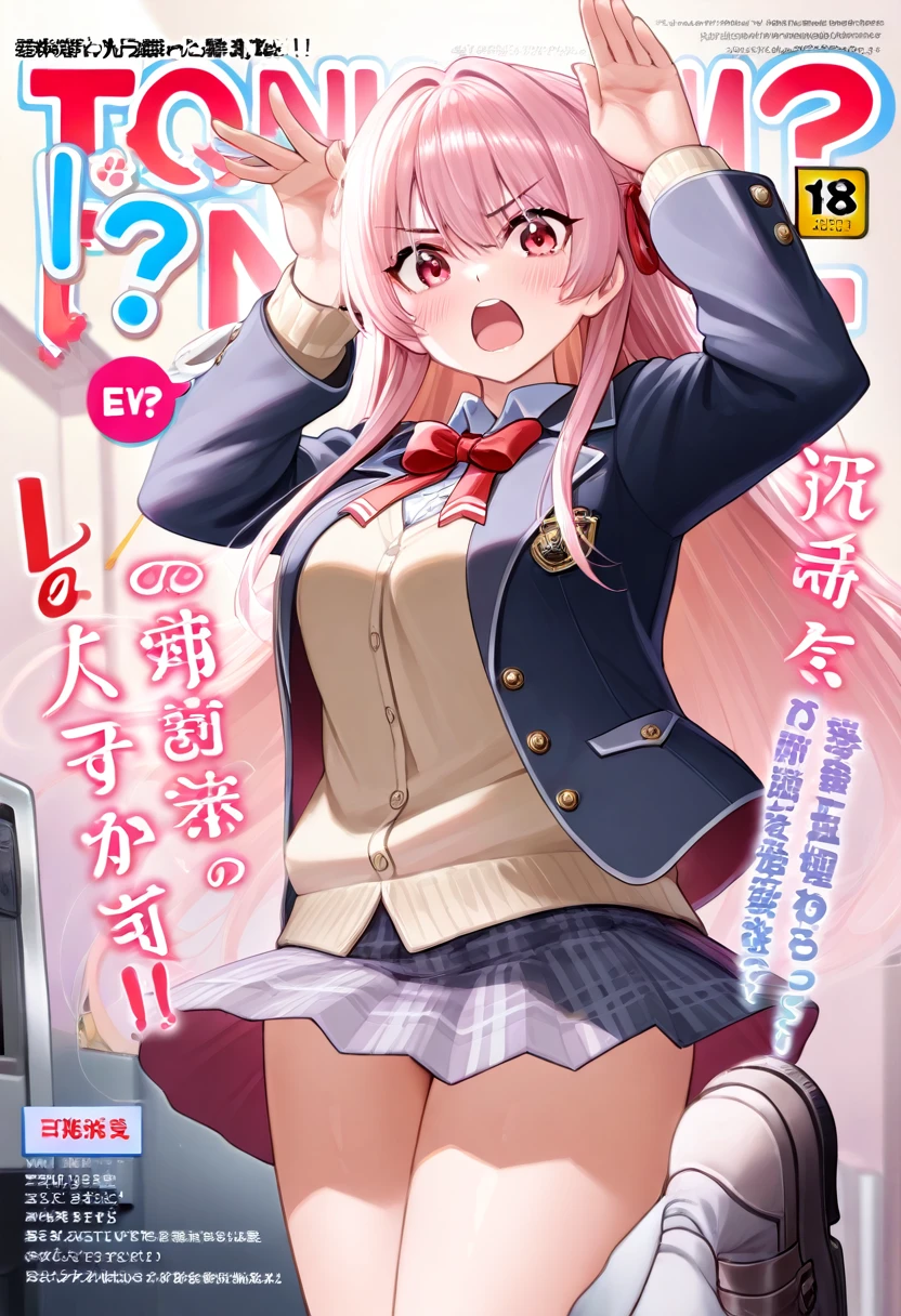 (Magazine Cover:1.7),((masterpiece, highest quality:1.3)),cowboy shot,20 year old beauty,solo,((very small head)),((long body、long body)),pink hair,long hair,pink eyes,bangs,white headphone,medium breasts,slender body,skinny,shiny skin,oily skin,sweat:1.5,shy,Academy服姿、Sailor suit、Crop length、Navy blue sailor collar、Red neckerchief、Navy blue pleated mini skirt、White panties,sitting,spread legs,classroom、Academy、