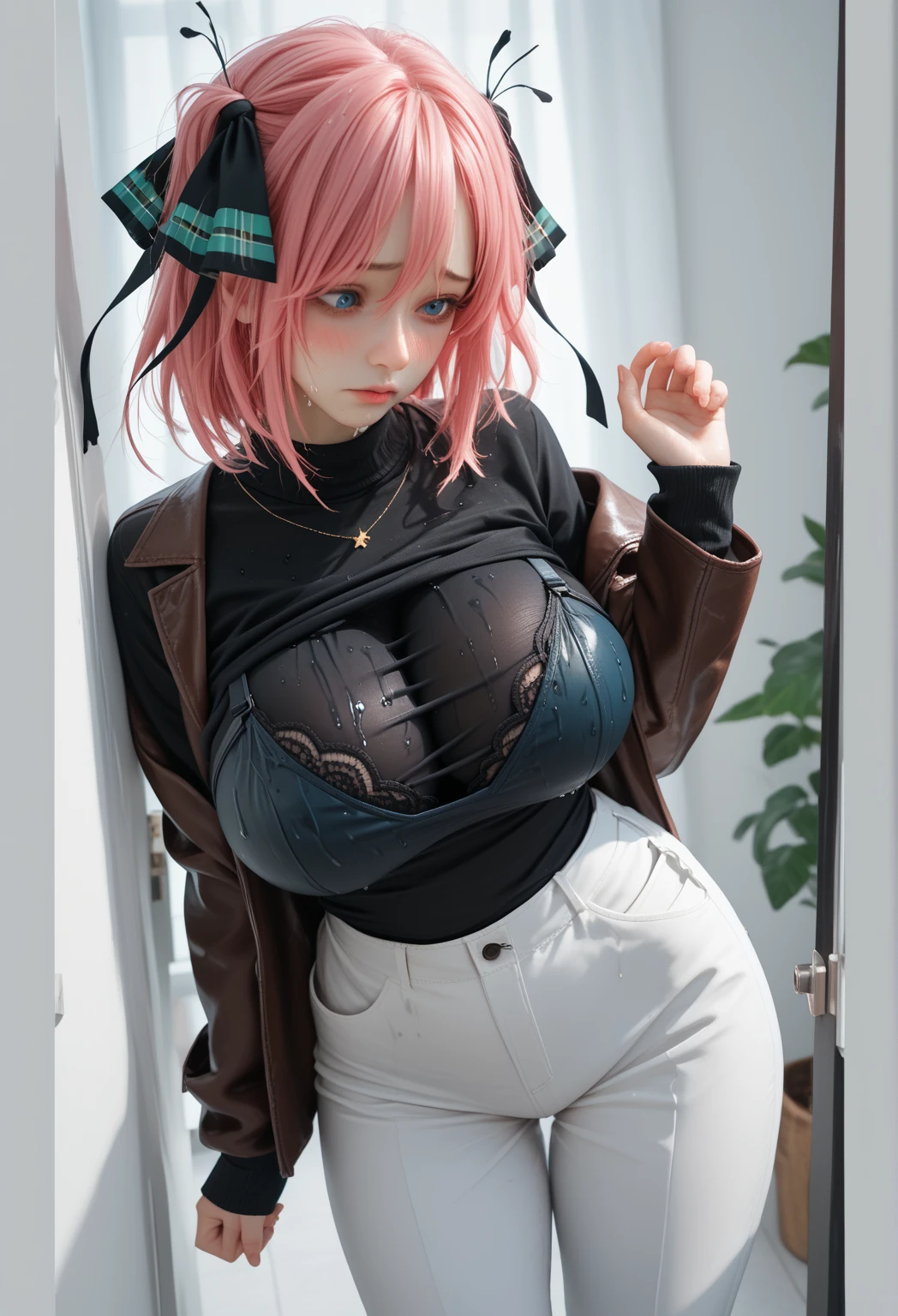(Best quality, 4k, Masterpiece :1.3), beautiful woman, hyper realistic, 1girl, (droopy breasts, attractive body :1.2), sit-ups :1.1, ultra-detailed face, detailed lips, detailed eyes, double eyelid, tight short pink bra, open neckline, hanging breasts, side pose, visible curves, on the street, light blue and tight short jean shorts, muscular turned leg, Big breasts, pink high heels, open sky with sun, smiling, big ass, standing on his back looking back, show more ass, hands on ass, freckles on face, freckles on ass ,(masterpiece:1.2), best quality, high resolution, unity 8k wallpaper, (illustration:0.8), (beautiful detailed eyes:1.6), extremely detailed face, perfect lighting, extremely detailed CG,1girl,1man,shinjou akane, light purple hair, (pink eyes:1.2), short hair, BREAK (perfect hands, perfect anatomy),NSFW、full body Esbian、embarrassed from、 --auto --s2
