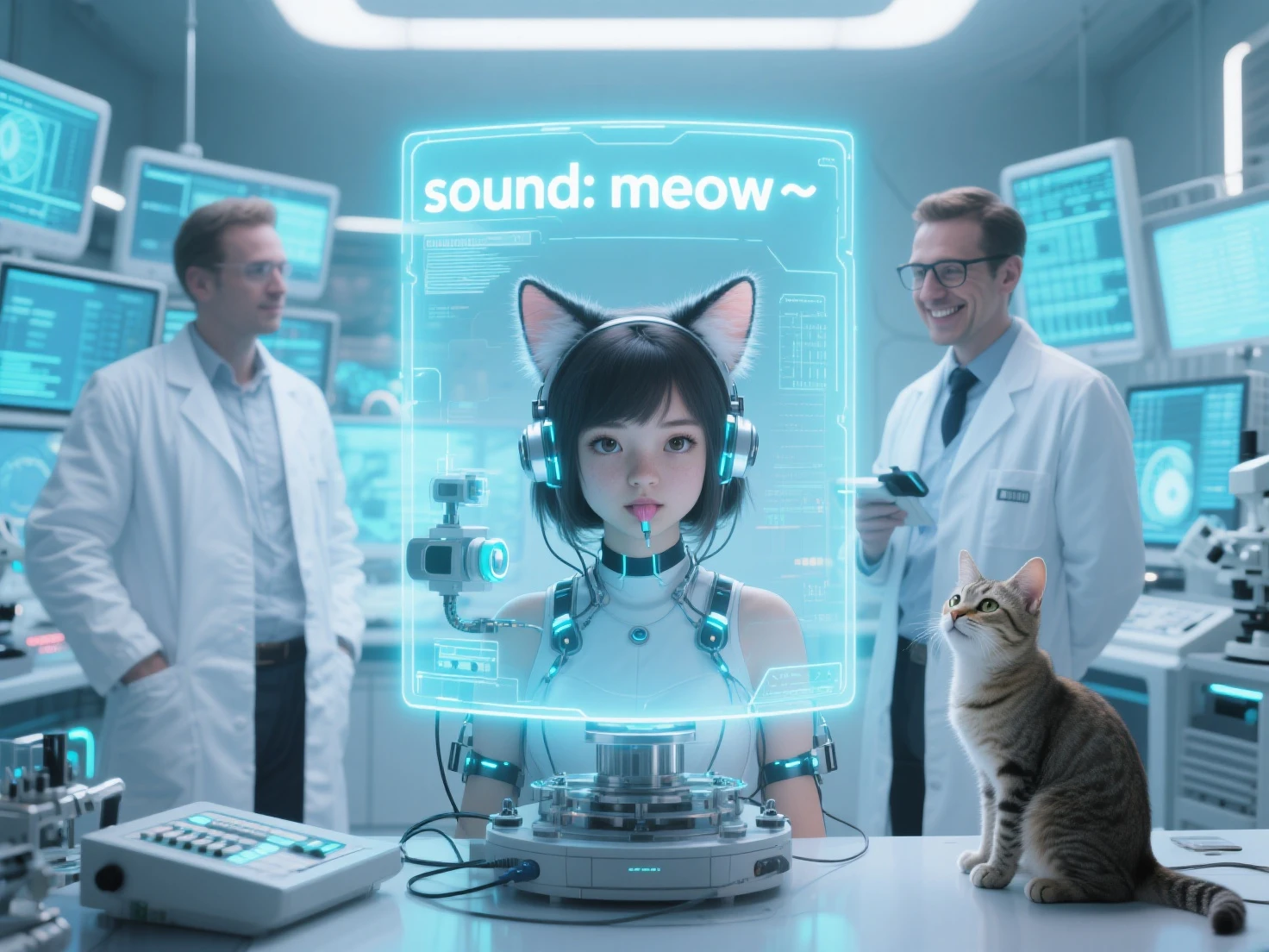 photorealism, Futuristic lab. Scientists in white coats are standing in front of holographic monitors. In the center is an experimental setup: assistant girl with cat ears, connected to devices. Cat ears move, from they go to the console. One of the scientists smiles, records data. The inscription “sound: meow~” glows on the screen. Atmosphere — scientific excitement, light comic, cyberpunk purity. A lot of glass, neon, Chromium. In the corner, a real cat is watching with interest. Light — bright, lab white.  in her mouth high detail: textures of equipment, glare lenses, ear fur
