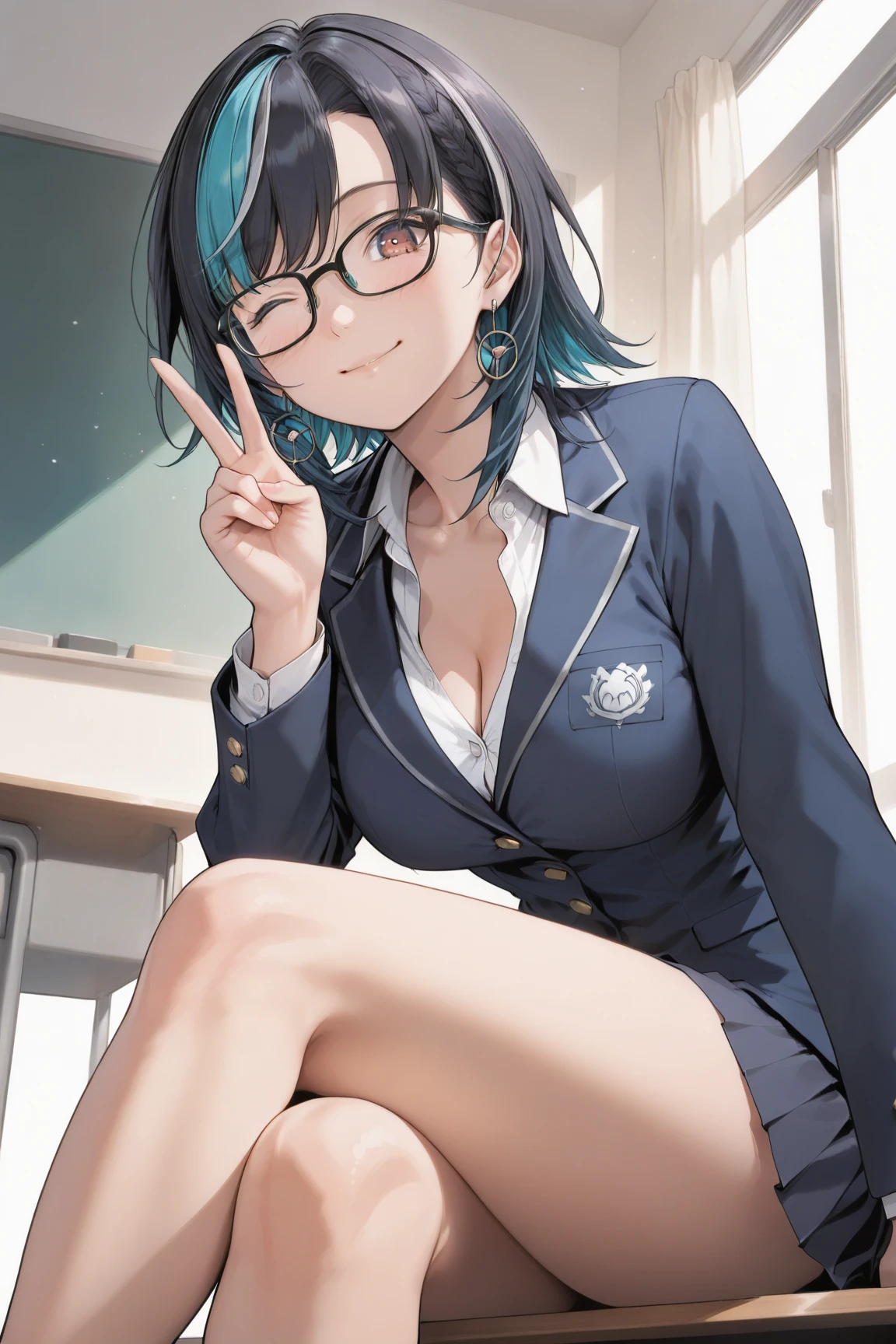 Profesora sexy en un aula dando clases,con gafas y rl pelo recojido,muy guapa,pointing at the stone and teaching mathematics,uniforme escolar apretado y ajustado a su cuerpo voluptuoso,falda corta y escote a la vista,alumnos sentados en sus asientos,profesora simpatica,cuntas anales