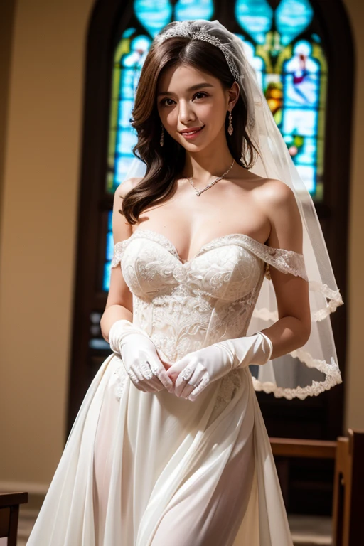 (Beauty in wedding dress:1.8),(((smile))),(upper body:1.2),(arms up:1.3),(8k, RAW Photos, Best Quality), (realistic: 1.37), one woman, very beautiful woman, kind eyes, (anatomically correct representation of the human body: 1.10), (wearing appropriate clothes: 1.10), (clothes made in the right shape: 1.10), (clothes made in the right size: 1.10), beautiful face, well-shaped breasts, constricted waist, small buttocks, supple legs, slim lower body, slim whole body, women who attract men,(church: 1.5)