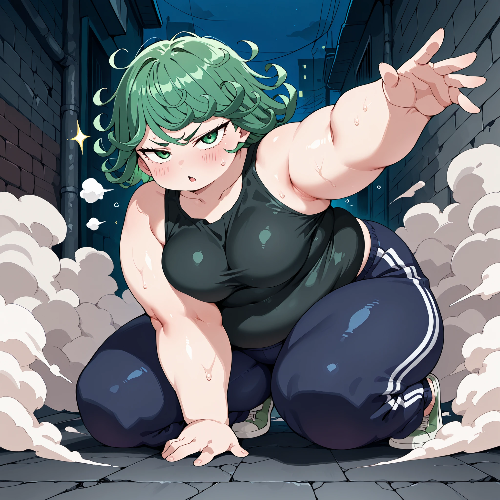 high resolution picture, masterpiece, best quality, amazing quality, solo, 1girl, Tatsumaki \(one punch man\), ,green hair, green eyes, , , medium breasts ,source anime,
BREAK (curvy), cracked floor, dust cloud superhero landing,, head down one arm outstretched, one arm up, , tank top, black shirt, sweatpants, dark blue sweatpants, u.a. gym pants, black tank topt, , alley, night, , , embarrassed fat, chubby, obese, gigantic arms and legs, large breasts open mouth, out of breath, sparkle, looking at viewer,