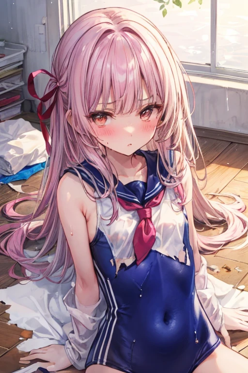 The whole body is covered in oilで光沢感がある　Tissue paper cut into small pieces,　 A small crumpled roll of tissue paper, A small piece of tissue paper that had fallen to the ground, torn apart and crumpled,　Excessive sweating on the face,Sweat dripping down,Sitting on an old bed,　Duvet with a light yellow stain　Old gym mat ,Gymnasium Warehouse,　There are lots of small rolled up tissue papers on the floor. ,　Crumpled garbage is scattered everywhere.,　Very old gym mat, 　 Messy room,　　Dimly lit room　Hardwood Floors　Scattered small rolled tissue papers　Upper body sailor suit, Lower body swimsuit　Inner swimwear　Illustration Style　Anime Style　Small lips　Face of Shame　Embarrassing　beautiful girl　Very cute clothes　Cheeks pink　Light purple hair　Blonde long hair　super curly hair　Super long sideburns　Rubber clothing　hair band　Pearl white silk tights that become transparent when wet　White super long boots　Big eyes　Hanging eyes　Angry　Blushing　Shocking Pink Rouge　Sweating profusely　　A small roll of tissue paper　The whole body is wet from rain　Mucus clings to the whole body　Steam coming out of the whole body　Steam rises across the screen.　White Breath　Haa　The whole body is covered in oil　evening　Overall orange background　Sunset sunshine