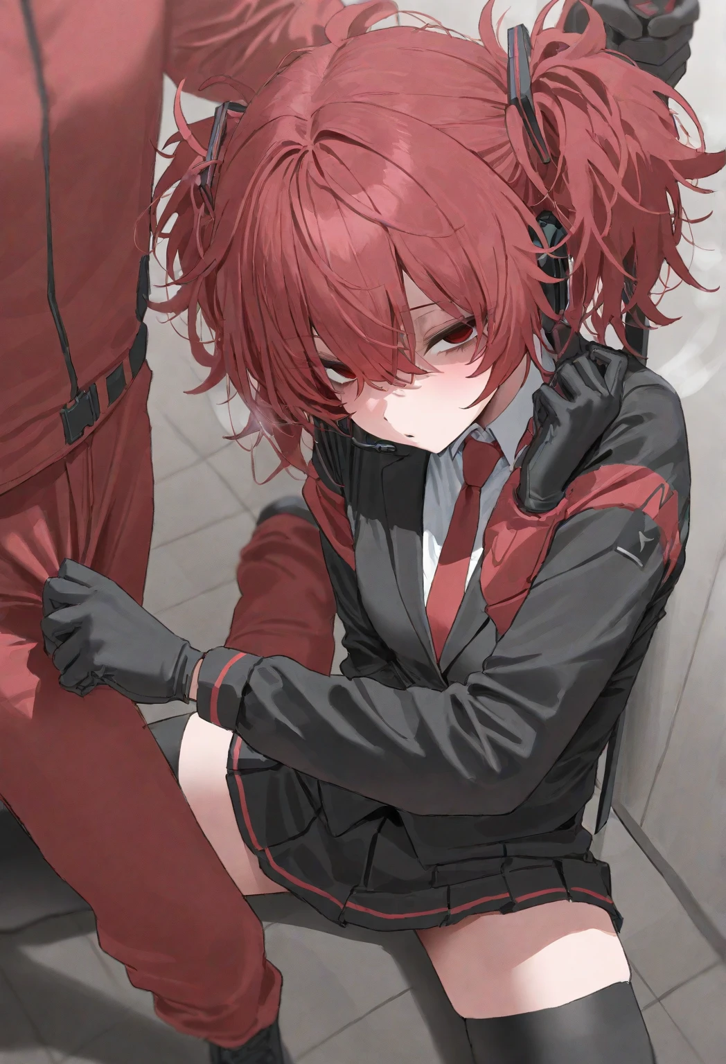 score_9, score_8_wonderful, score_7_wonderful, sauce_anime,helios,Akira Ohtori,Male Focus,1 male,No pants,Red tie,Outdoor,Long sleeve black shirt,On all fours,Place your hands on the floor,penis,Leash color,View your audience,Redhead,Green Eyes,humiliation,Obedience,slave