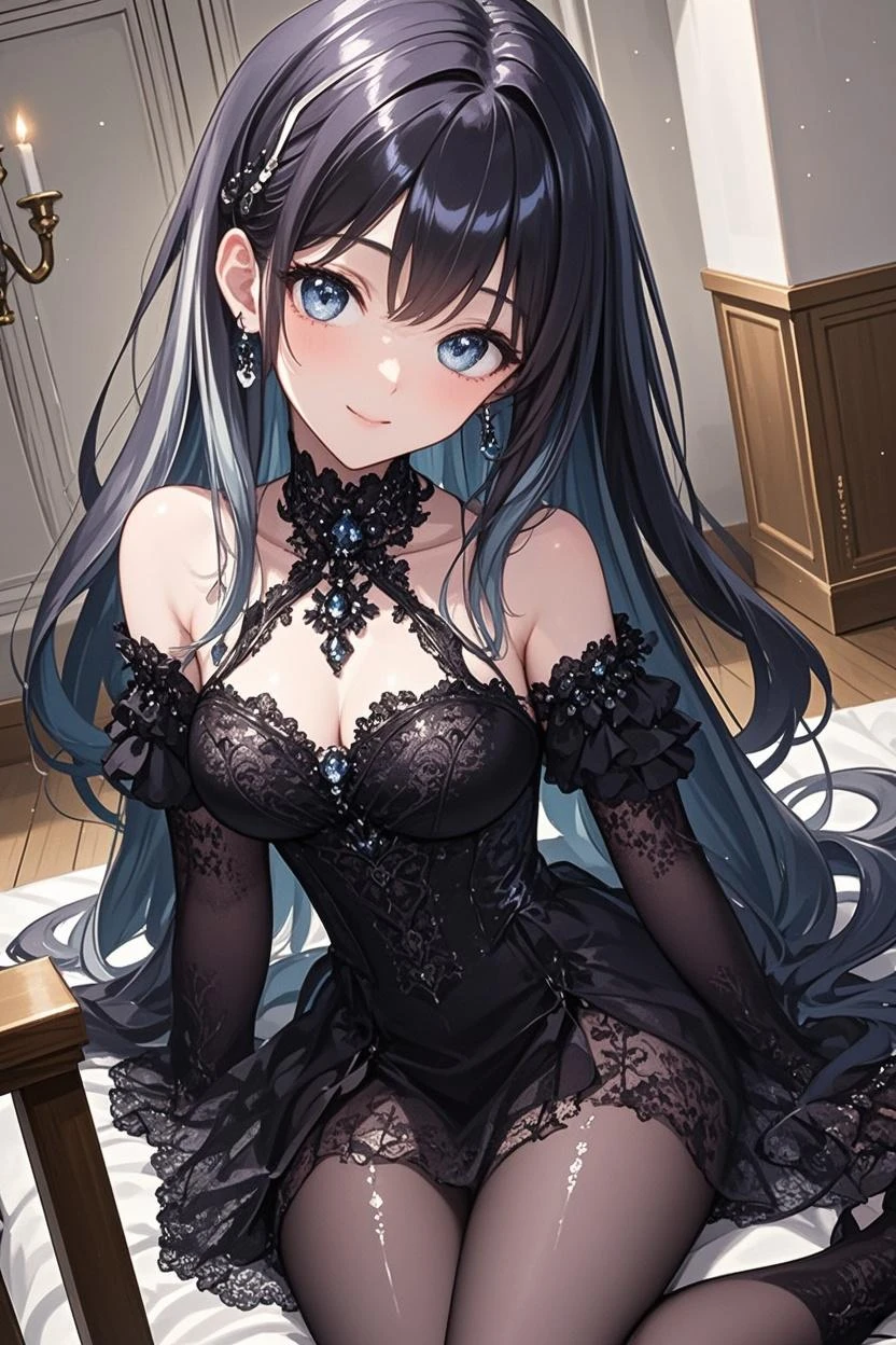 female,long black hair with inner dark blue hair, dark blue eyes,athletic body, elegant black dress,